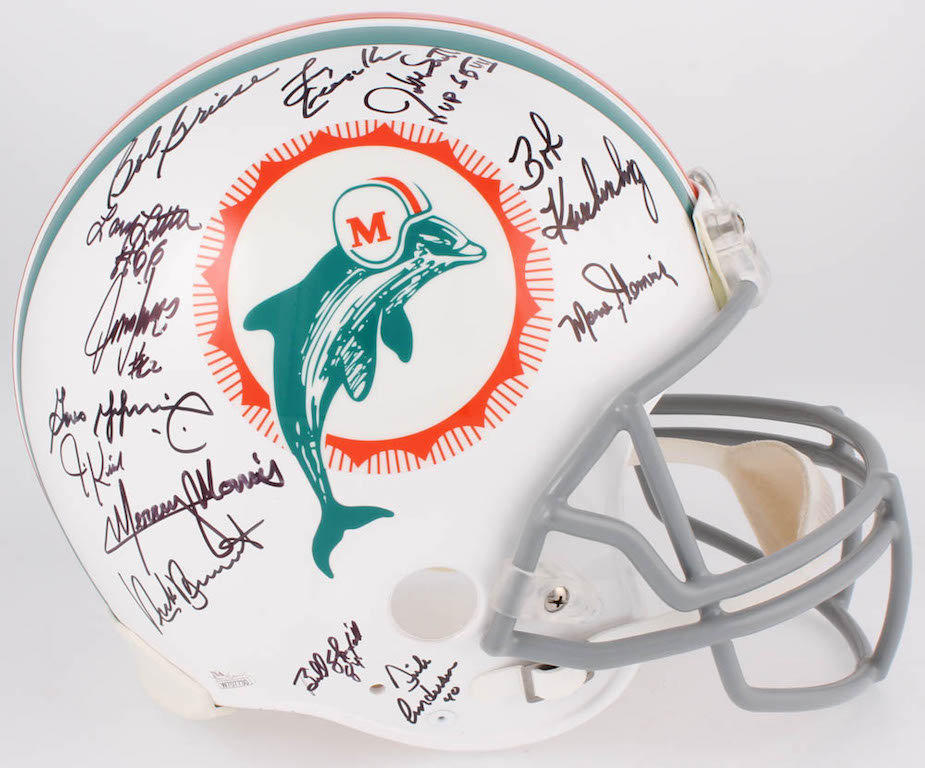 1972 Dolphins Full-Size Authentic On-Field Helmet Team-Signed by (27) with Bob Griese, Jake Scott, Dick Anderson, Mercury Morris, Al Jenkins (JSA COA) at PristineAuction.com 1972 Dolphins Full-Size Authentic On-Field Helmet Team-Signed by (27) with Bob Griese, Jake Scott, Dick Anderson, Mercury Morris, Al Jenkins (JSA COA) at PristineAuction.com