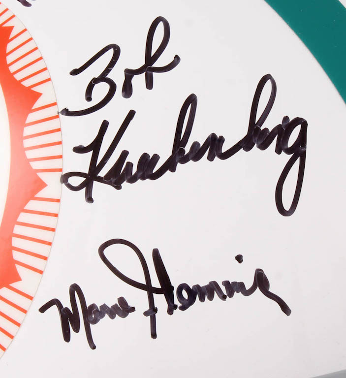 1972 Dolphins Full-Size Authentic On-Field Helmet Team-Signed by (27) with Bob Griese, Jake Scott, Dick Anderson, Mercury Morris, Al Jenkins (JSA COA) at PristineAuction.com 1972 Dolphins Full-Size Authentic On-Field Helmet Team-Signed by (27) with Bob Griese, Jake Scott, Dick Anderson, Mercury Morris, Al Jenkins (JSA COA) at PristineAuction.com