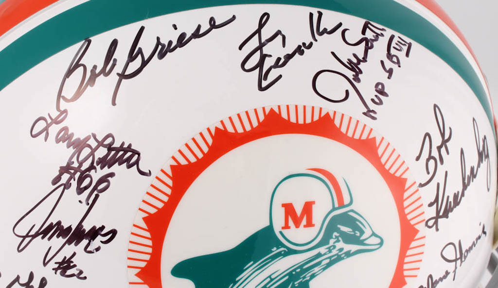 1972 Dolphins Full-Size Authentic On-Field Helmet Team-Signed by (27) with Bob Griese, Jake Scott, Dick Anderson, Mercury Morris, Al Jenkins (JSA COA) at PristineAuction.com 1972 Dolphins Full-Size Authentic On-Field Helmet Team-Signed by (27) with Bob Griese, Jake Scott, Dick Anderson, Mercury Morris, Al Jenkins (JSA COA) at PristineAuction.com