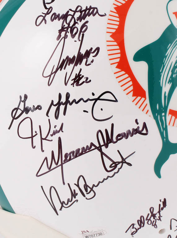 1972 Dolphins Full-Size Authentic On-Field Helmet Team-Signed by (27) with Bob Griese, Jake Scott, Dick Anderson, Mercury Morris, Al Jenkins (JSA COA) at PristineAuction.com 1972 Dolphins Full-Size Authentic On-Field Helmet Team-Signed by (27) with Bob Griese, Jake Scott, Dick Anderson, Mercury Morris, Al Jenkins (JSA COA) at PristineAuction.com