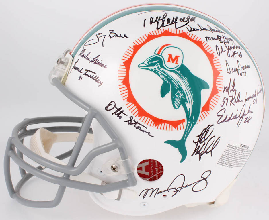 1972 Dolphins Full-Size Authentic On-Field Helmet Team-Signed by (27) with Bob Griese, Jake Scott, Dick Anderson, Mercury Morris, Al Jenkins (JSA COA) at PristineAuction.com 1972 Dolphins Full-Size Authentic On-Field Helmet Team-Signed by (27) with Bob Griese, Jake Scott, Dick Anderson, Mercury Morris, Al Jenkins (JSA COA) at PristineAuction.com