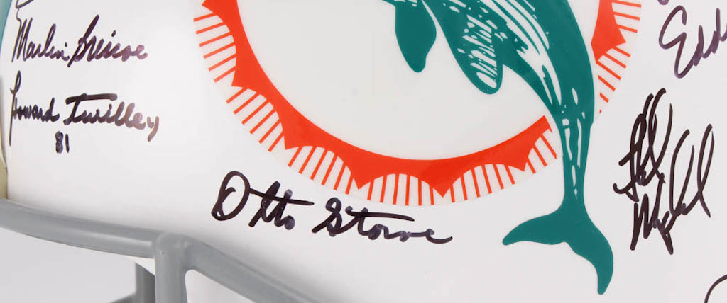 1972 Dolphins Full-Size Authentic On-Field Helmet Team-Signed by (27) with Bob Griese, Jake Scott, Dick Anderson, Mercury Morris, Al Jenkins (JSA COA) at PristineAuction.com 1972 Dolphins Full-Size Authentic On-Field Helmet Team-Signed by (27) with Bob Griese, Jake Scott, Dick Anderson, Mercury Morris, Al Jenkins (JSA COA) at PristineAuction.com