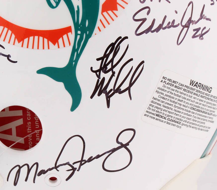 1972 Dolphins Full-Size Authentic On-Field Helmet Team-Signed by (27) with Bob Griese, Jake Scott, Dick Anderson, Mercury Morris, Al Jenkins (JSA COA) at PristineAuction.com 1972 Dolphins Full-Size Authentic On-Field Helmet Team-Signed by (27) with Bob Griese, Jake Scott, Dick Anderson, Mercury Morris, Al Jenkins (JSA COA) at PristineAuction.com