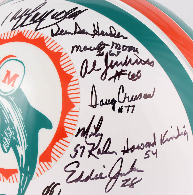 1972 Dolphins Full-Size Authentic On-Field Helmet Team-Signed by (27) with Bob Griese, Jake Scott, Dick Anderson, Mercury Morris, Al Jenkins (JSA COA) at PristineAuction.com 1972 Dolphins Full-Size Authentic On-Field Helmet Team-Signed by (27) with Bob Griese, Jake Scott, Dick Anderson, Mercury Morris, Al Jenkins (JSA COA) at PristineAuction.com