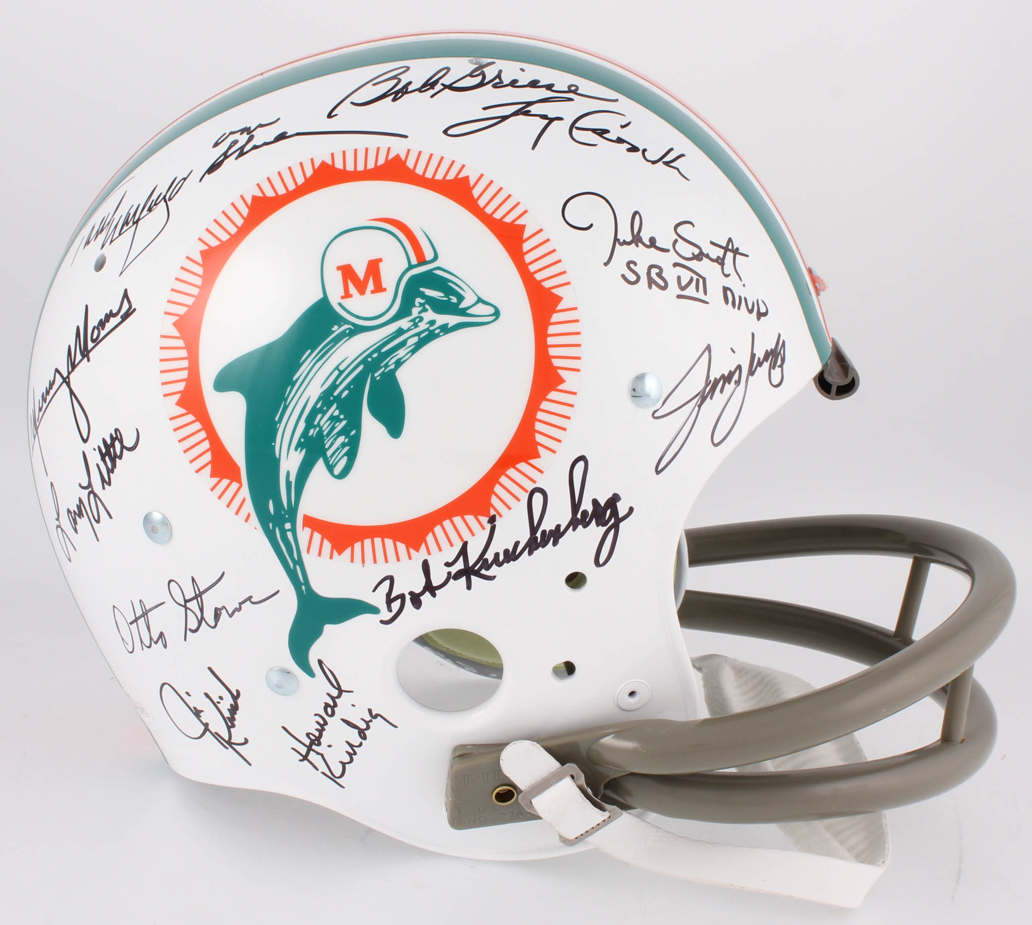 1972 Dolphins Full-Size Throwback Suspension Helmet Team-Signed by (27) with Bob Griese, Jake Scott, Dick Anderson, Mercury Morris, Al Jenkins (JSA) at PristineAuction.com 1972 Dolphins Full-Size Throwback Suspension Helmet Team-Signed by (27) with Bob Griese, Jake Scott, Dick Anderson, Mercury Morris, Al Jenkins (JSA) at PristineAuction.com