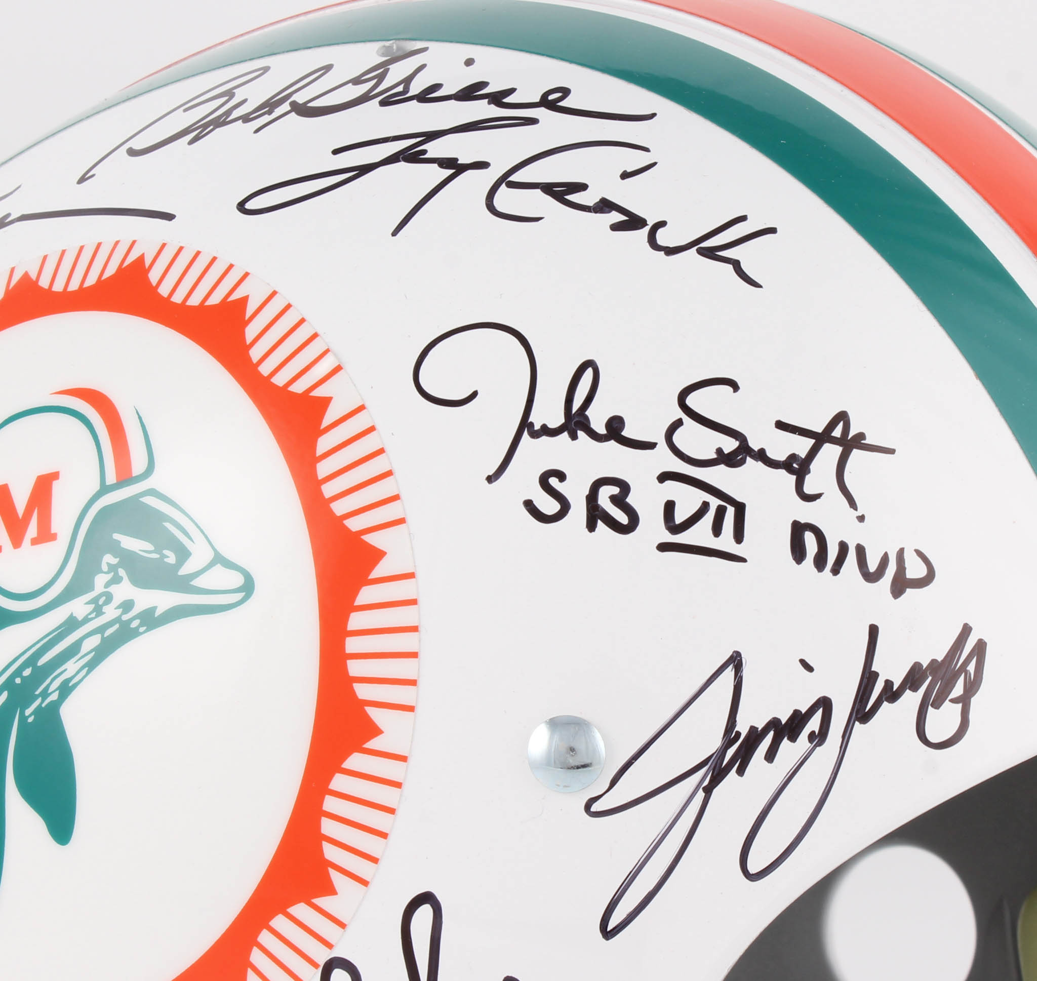 1972 Dolphins Full-Size Throwback Suspension Helmet Team-Signed by (27) with Bob Griese, Jake Scott, Dick Anderson, Mercury Morris, Al Jenkins (JSA) at PristineAuction.com 1972 Dolphins Full-Size Throwback Suspension Helmet Team-Signed by (27) with Bob Griese, Jake Scott, Dick Anderson, Mercury Morris, Al Jenkins (JSA) at PristineAuction.com