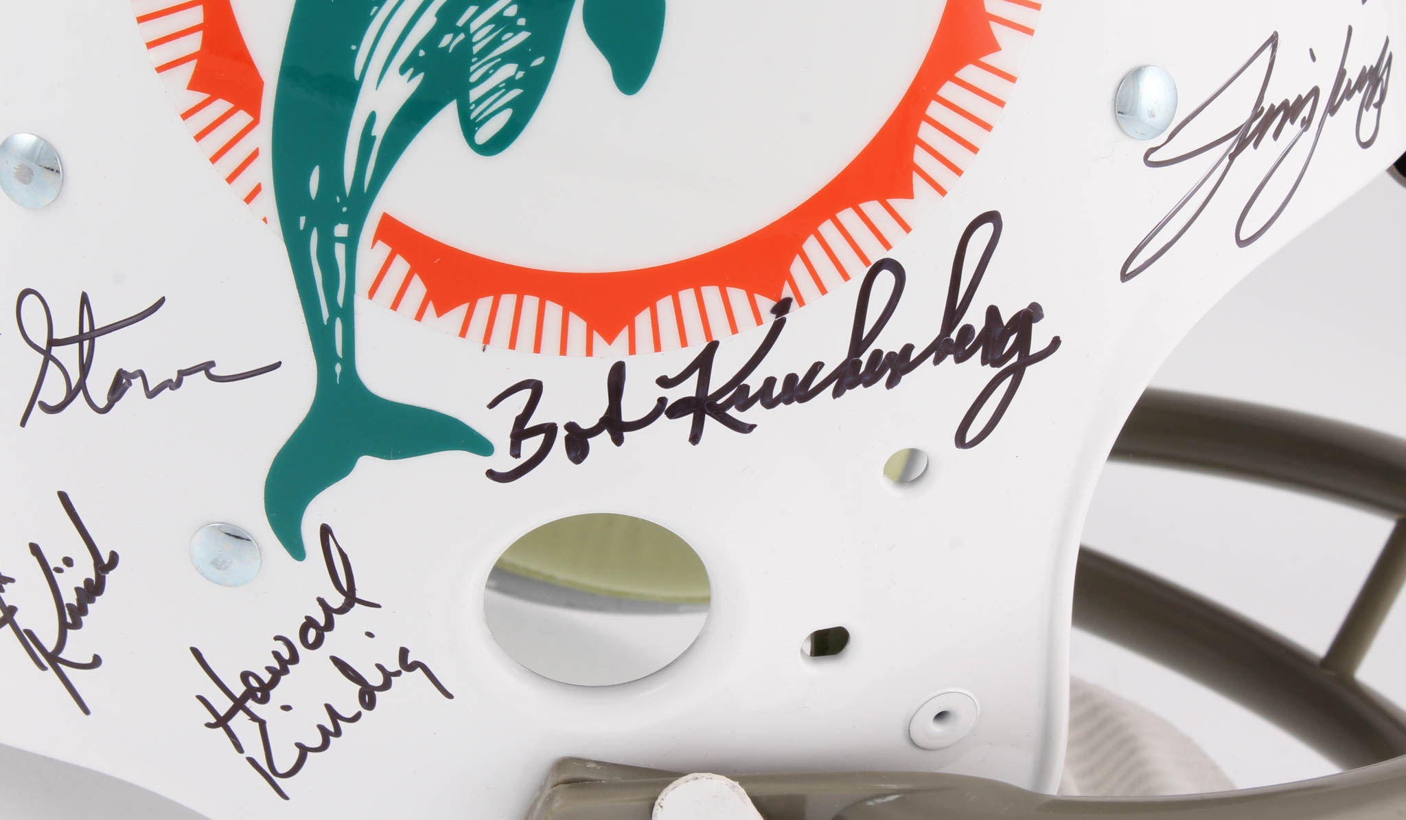 1972 Dolphins Full-Size Throwback Suspension Helmet Team-Signed by (27) with Bob Griese, Jake Scott, Dick Anderson, Mercury Morris, Al Jenkins (JSA) at PristineAuction.com 1972 Dolphins Full-Size Throwback Suspension Helmet Team-Signed by (27) with Bob Griese, Jake Scott, Dick Anderson, Mercury Morris, Al Jenkins (JSA) at PristineAuction.com