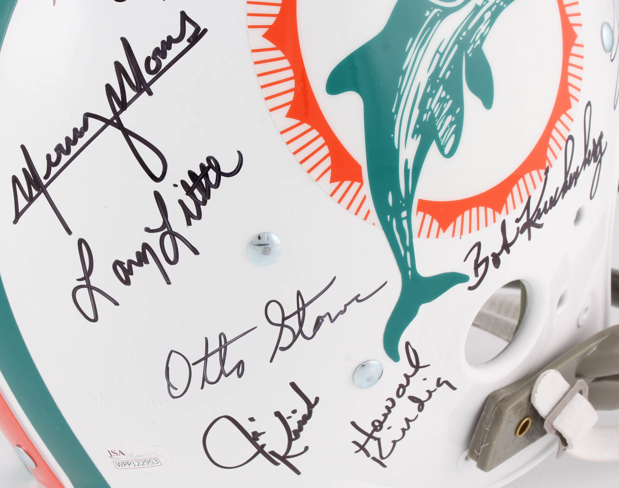 1972 Dolphins Full-Size Throwback Suspension Helmet Team-Signed by (27) with Bob Griese, Jake Scott, Dick Anderson, Mercury Morris, Al Jenkins (JSA) at PristineAuction.com 1972 Dolphins Full-Size Throwback Suspension Helmet Team-Signed by (27) with Bob Griese, Jake Scott, Dick Anderson, Mercury Morris, Al Jenkins (JSA) at PristineAuction.com