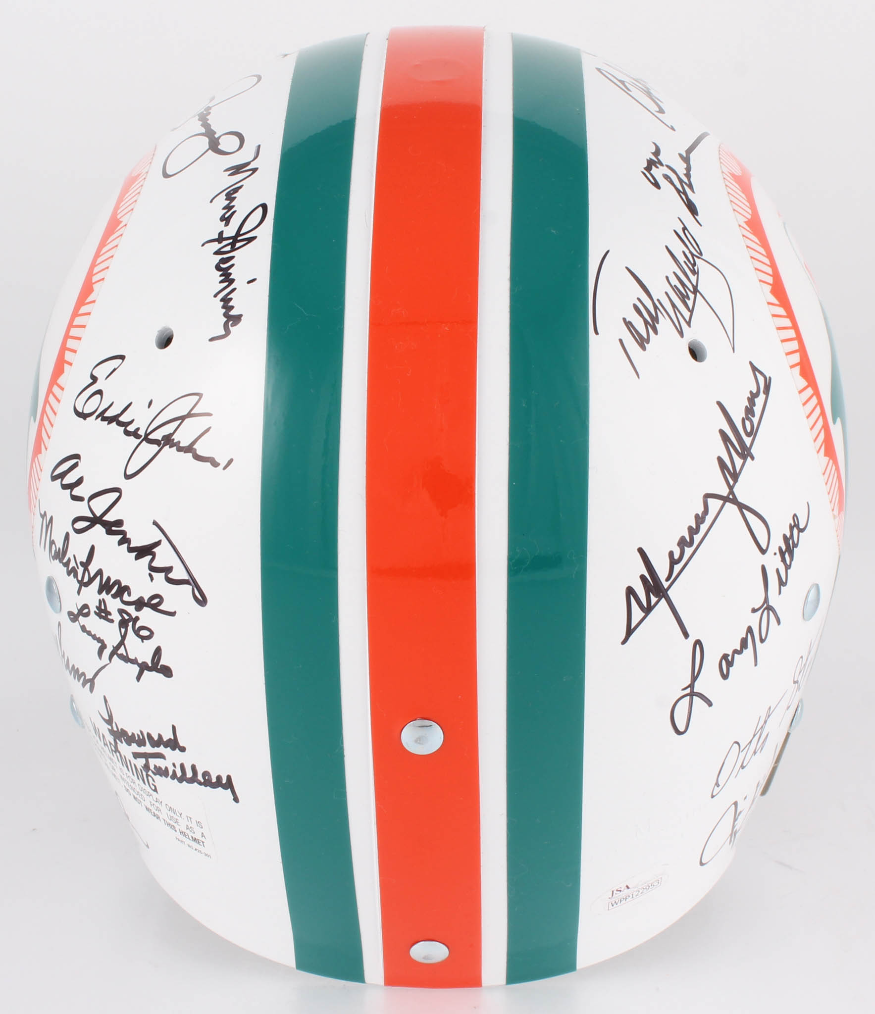 1972 Dolphins Full-Size Throwback Suspension Helmet Team-Signed by (27) with Bob Griese, Jake Scott, Dick Anderson, Mercury Morris, Al Jenkins (JSA) at PristineAuction.com 1972 Dolphins Full-Size Throwback Suspension Helmet Team-Signed by (27) with Bob Griese, Jake Scott, Dick Anderson, Mercury Morris, Al Jenkins (JSA) at PristineAuction.com
