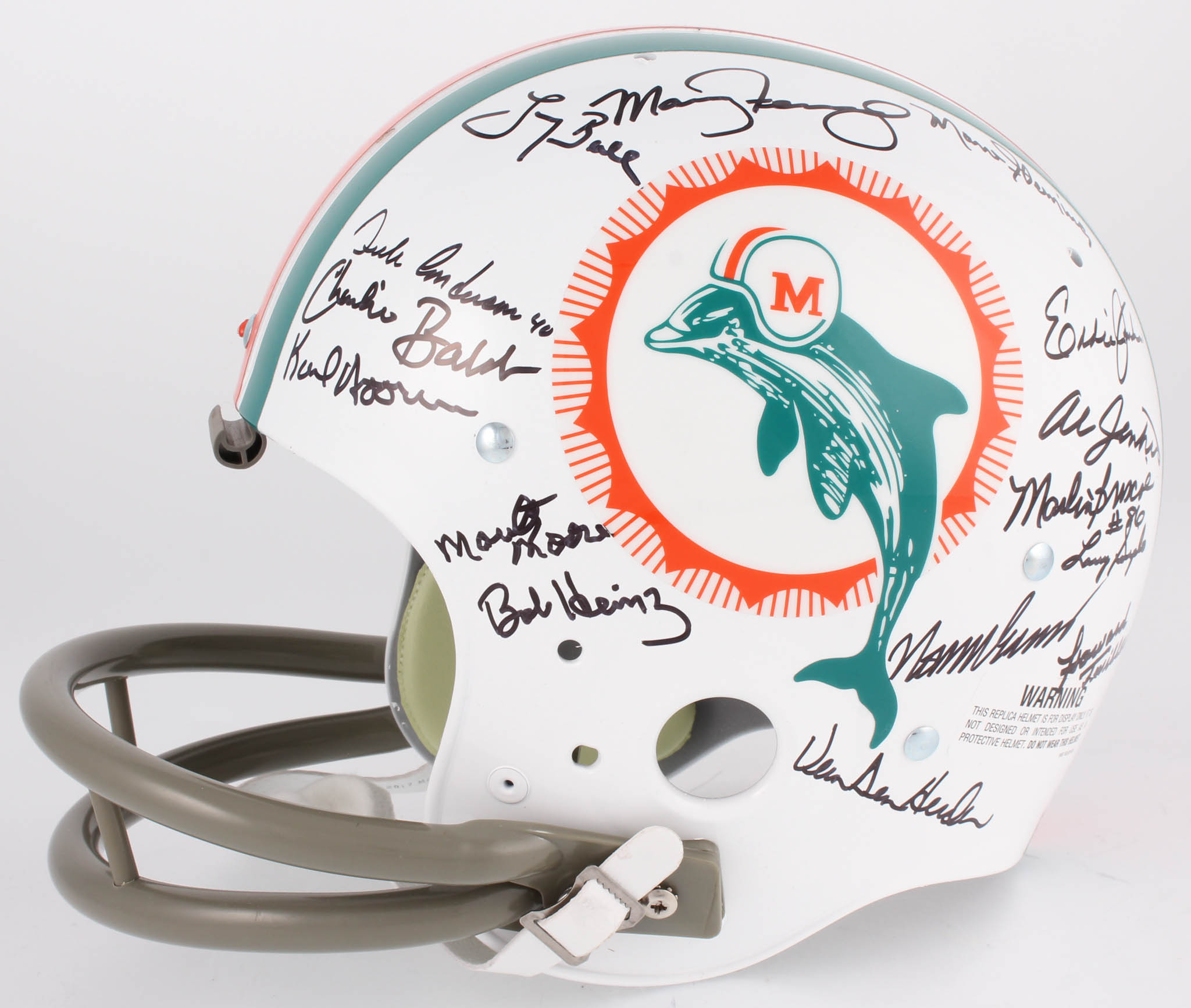 1972 Dolphins Full-Size Throwback Suspension Helmet Team-Signed by (27) with Bob Griese, Jake Scott, Dick Anderson, Mercury Morris, Al Jenkins (JSA) at PristineAuction.com 1972 Dolphins Full-Size Throwback Suspension Helmet Team-Signed by (27) with Bob Griese, Jake Scott, Dick Anderson, Mercury Morris, Al Jenkins (JSA) at PristineAuction.com
