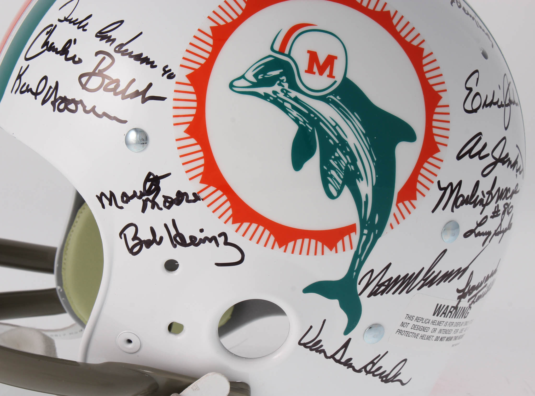 1972 Dolphins Full-Size Throwback Suspension Helmet Team-Signed by (27) with Bob Griese, Jake Scott, Dick Anderson, Mercury Morris, Al Jenkins (JSA) at PristineAuction.com 1972 Dolphins Full-Size Throwback Suspension Helmet Team-Signed by (27) with Bob Griese, Jake Scott, Dick Anderson, Mercury Morris, Al Jenkins (JSA) at PristineAuction.com