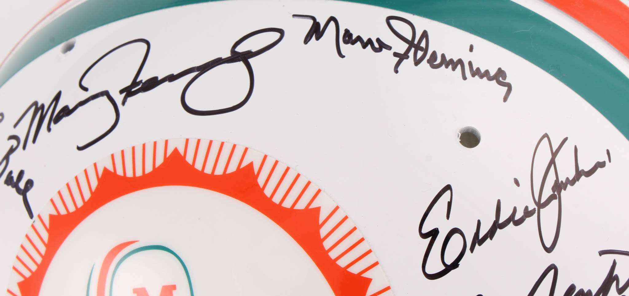 1972 Dolphins Full-Size Throwback Suspension Helmet Team-Signed by (27) with Bob Griese, Jake Scott, Dick Anderson, Mercury Morris, Al Jenkins (JSA) at PristineAuction.com 1972 Dolphins Full-Size Throwback Suspension Helmet Team-Signed by (27) with Bob Griese, Jake Scott, Dick Anderson, Mercury Morris, Al Jenkins (JSA) at PristineAuction.com