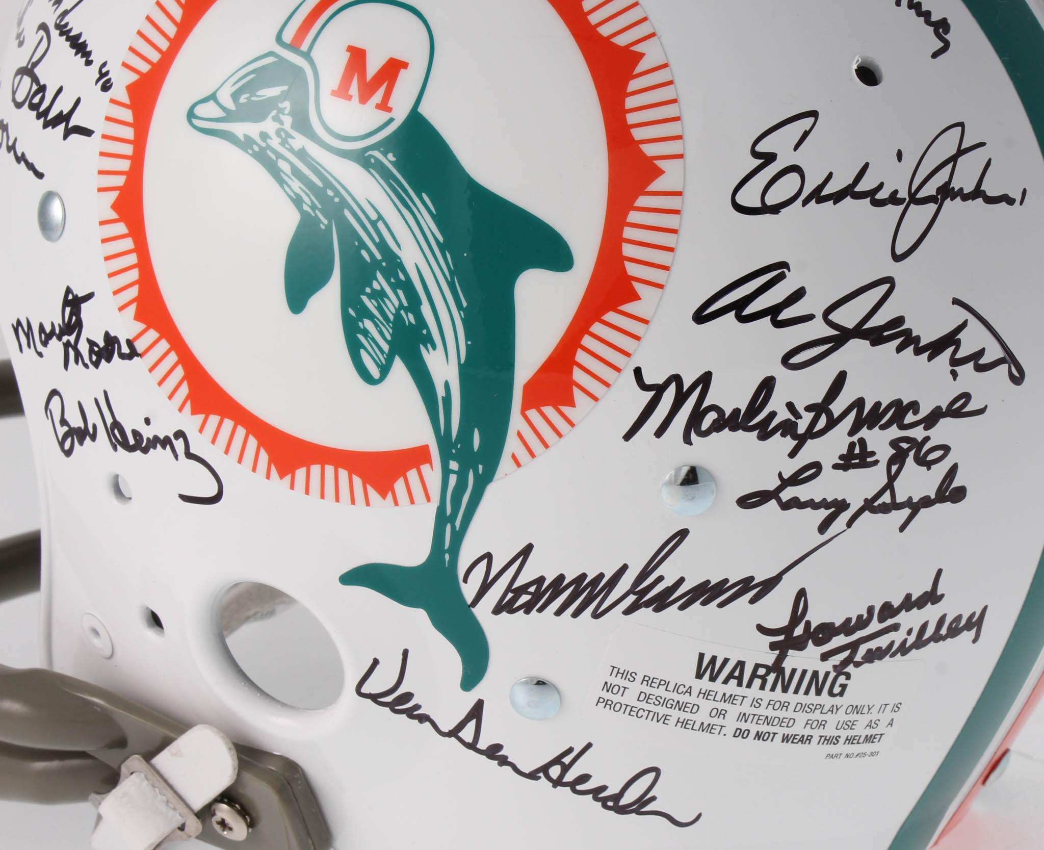 1972 Dolphins Full-Size Throwback Suspension Helmet Team-Signed by (27) with Bob Griese, Jake Scott, Dick Anderson, Mercury Morris, Al Jenkins (JSA) at PristineAuction.com 1972 Dolphins Full-Size Throwback Suspension Helmet Team-Signed by (27) with Bob Griese, Jake Scott, Dick Anderson, Mercury Morris, Al Jenkins (JSA) at PristineAuction.com