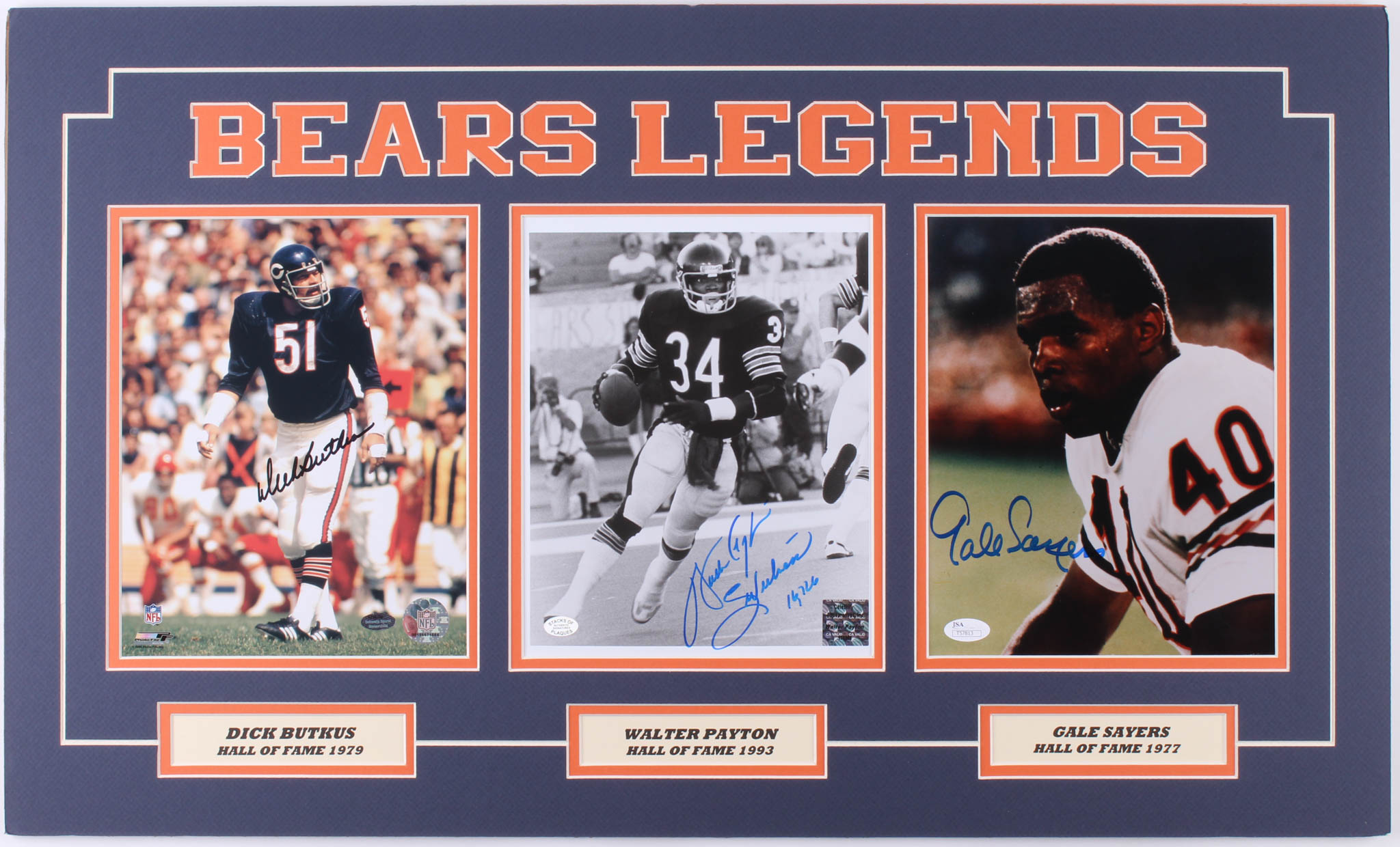 Dick Butkus, Walter Payton & Gale Sayers Signed "Bears Legends" 18x30 Custom Matted Photo Display (JSA COA, Payton COA, Schwartz COA & SOP COA) at PristineAuction.com Dick Butkus, Walter Payton & Gale Sayers Signed "Bears Legends" 18x30 Custom Matted Photo Display (JSA COA, Payton COA, Schwartz COA & SOP COA) at PristineAuction.com