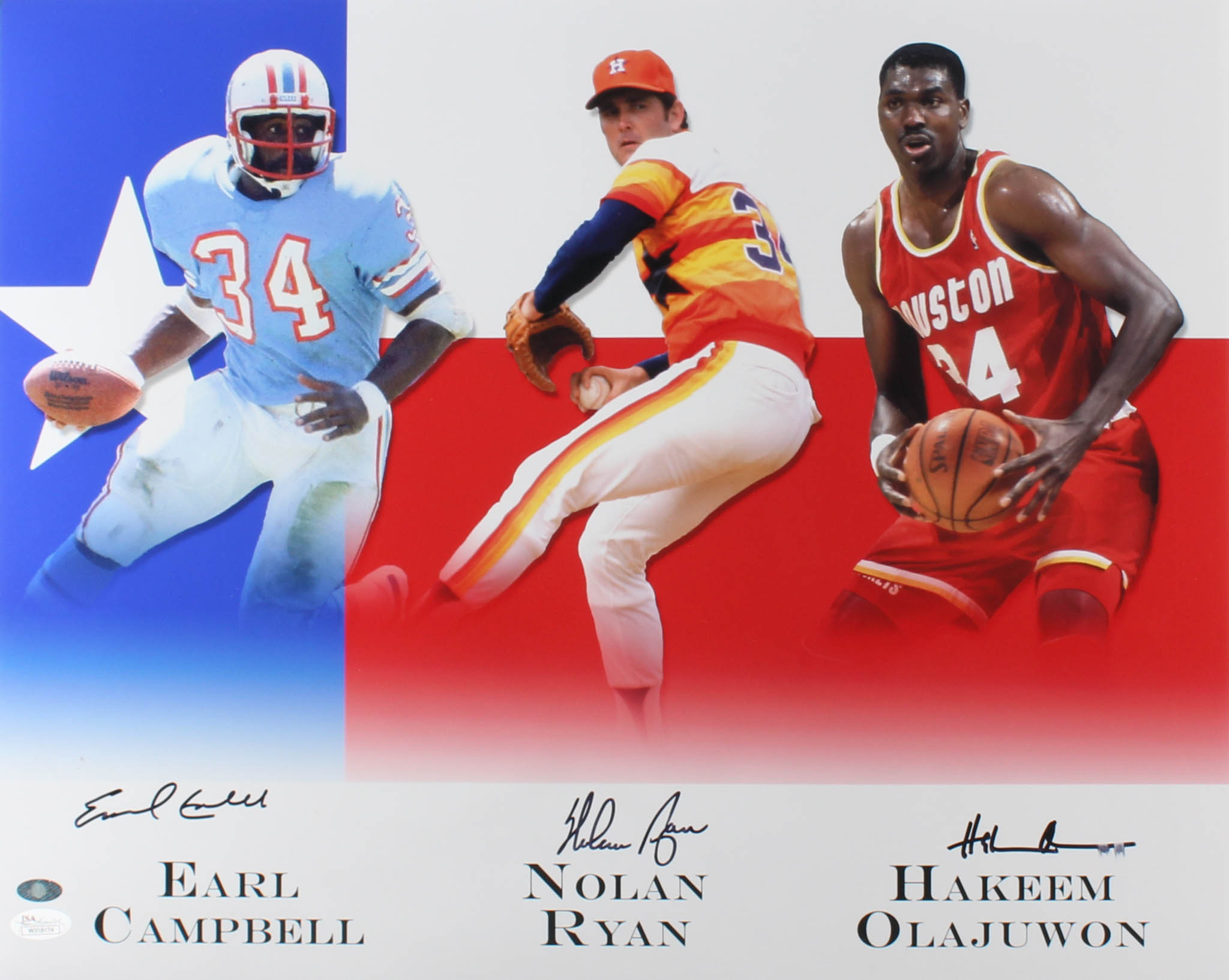 Hakeem Olajuwon, Nolan Ryan & Earl Campbell Signed 16x20 Photo (JSA Hologram & Ryan Hologram) at PristineAuction.com Hakeem Olajuwon, Nolan Ryan & Earl Campbell Signed 16x20 Photo (JSA Hologram & Ryan Hologram) at PristineAuction.com