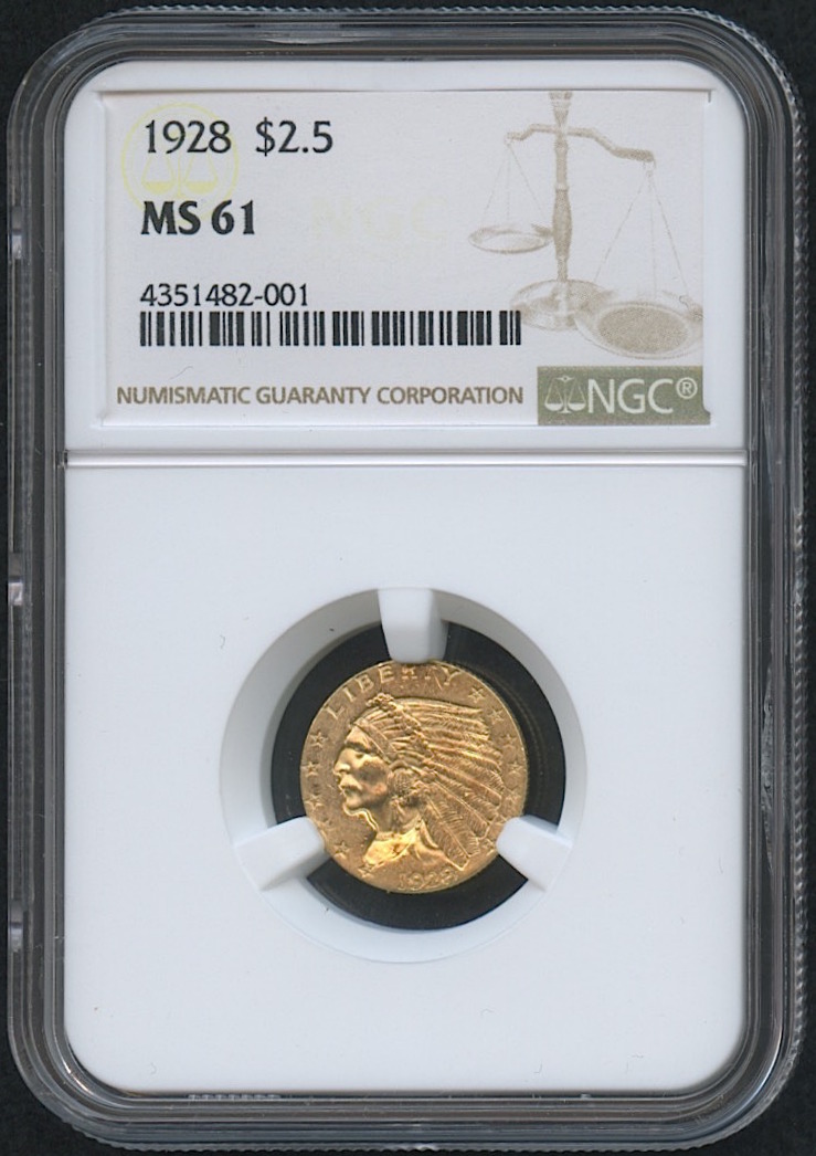 1928 $2.50 Indian Quarter Eagle Gold Coin (NGC MS 61) at PristineAuction.com 1928 $2.50 Indian Quarter Eagle Gold Coin (NGC MS 61) at PristineAuction.com