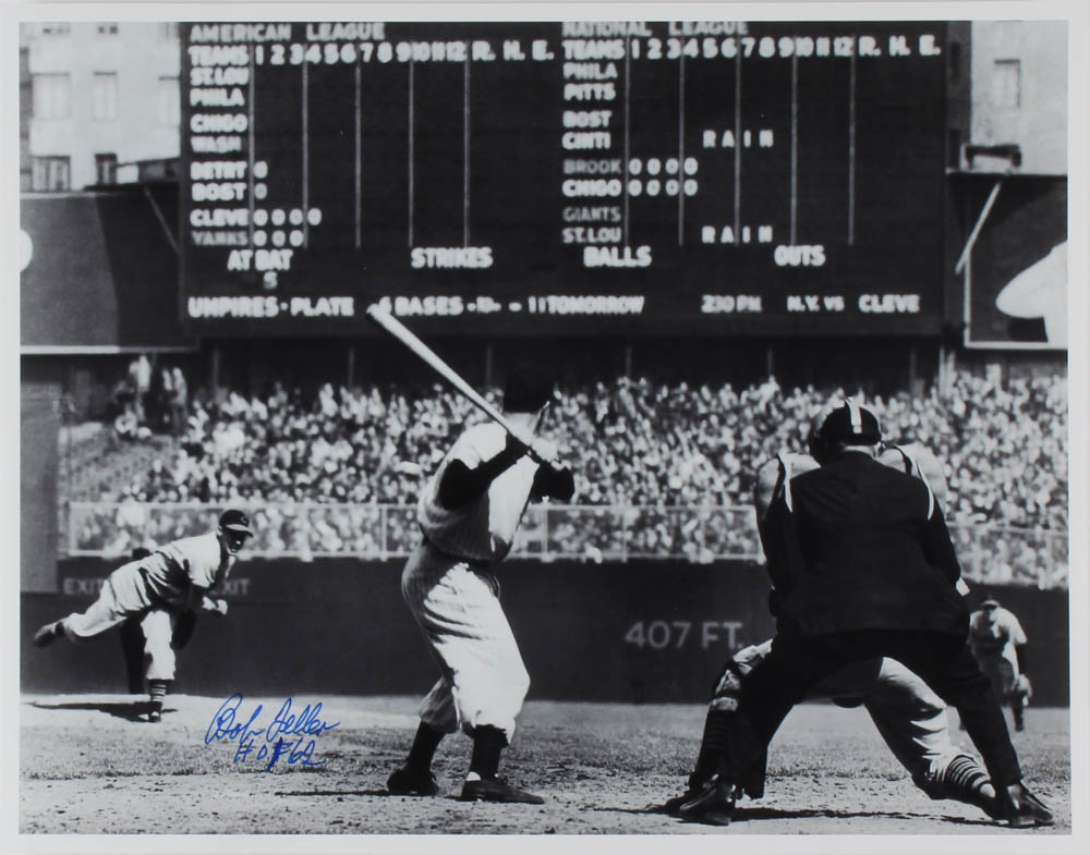 Bob Feller Signed Indians "No-Hitter" 11x14 Pitching to Joe DiMaggio Photo Inscribed "HOF 62" (SOP) at PristineAuction.com Bob Feller Signed Indians "No-Hitter" 11x14 Pitching to Joe DiMaggio Photo Inscribed "HOF 62" (SOP) at PristineAuction.com