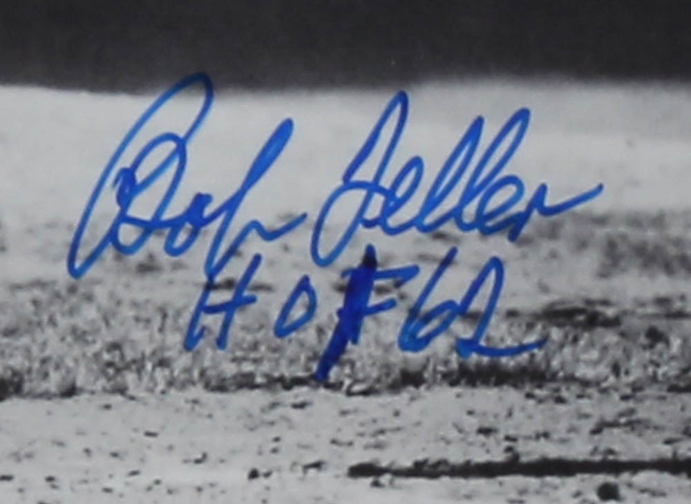 Bob Feller Signed Indians "No-Hitter" 11x14 Pitching to Joe DiMaggio Photo Inscribed "HOF 62" (SOP) at PristineAuction.com Bob Feller Signed Indians "No-Hitter" 11x14 Pitching to Joe DiMaggio Photo Inscribed "HOF 62" (SOP) at PristineAuction.com