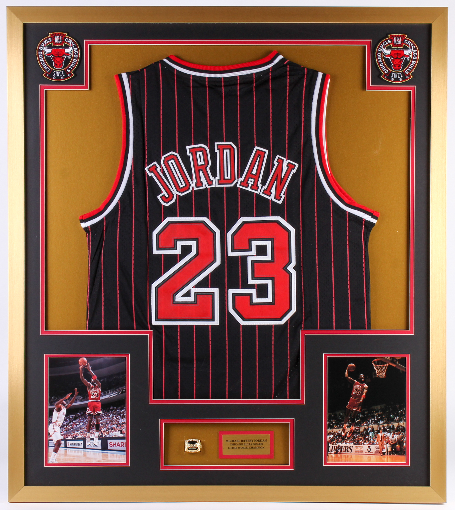 Michael Jordan Bulls 32x36 Custom Framed Jersey Display with Replica NBA Championship Ring at PristineAuction.com Michael Jordan Bulls 32x36 Custom Framed Jersey Display with Replica NBA Championship Ring at PristineAuction.com