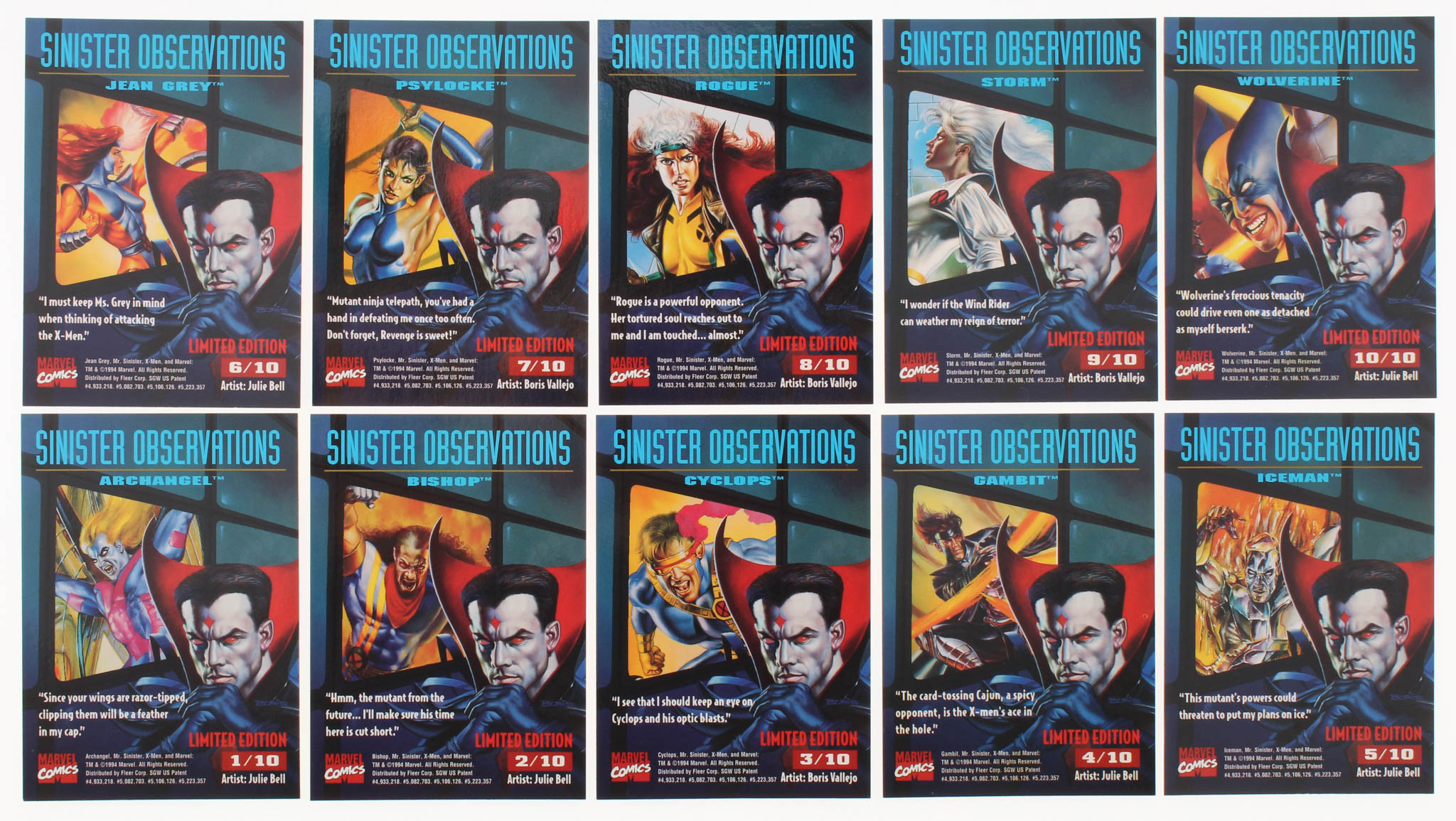 1995 X-Men Ultra Sinister Observations Complete Set of (10) Character Cards at PristineAuction.com 1995 X-Men Ultra Sinister Observations Complete Set of (10) Character Cards at PristineAuction.com