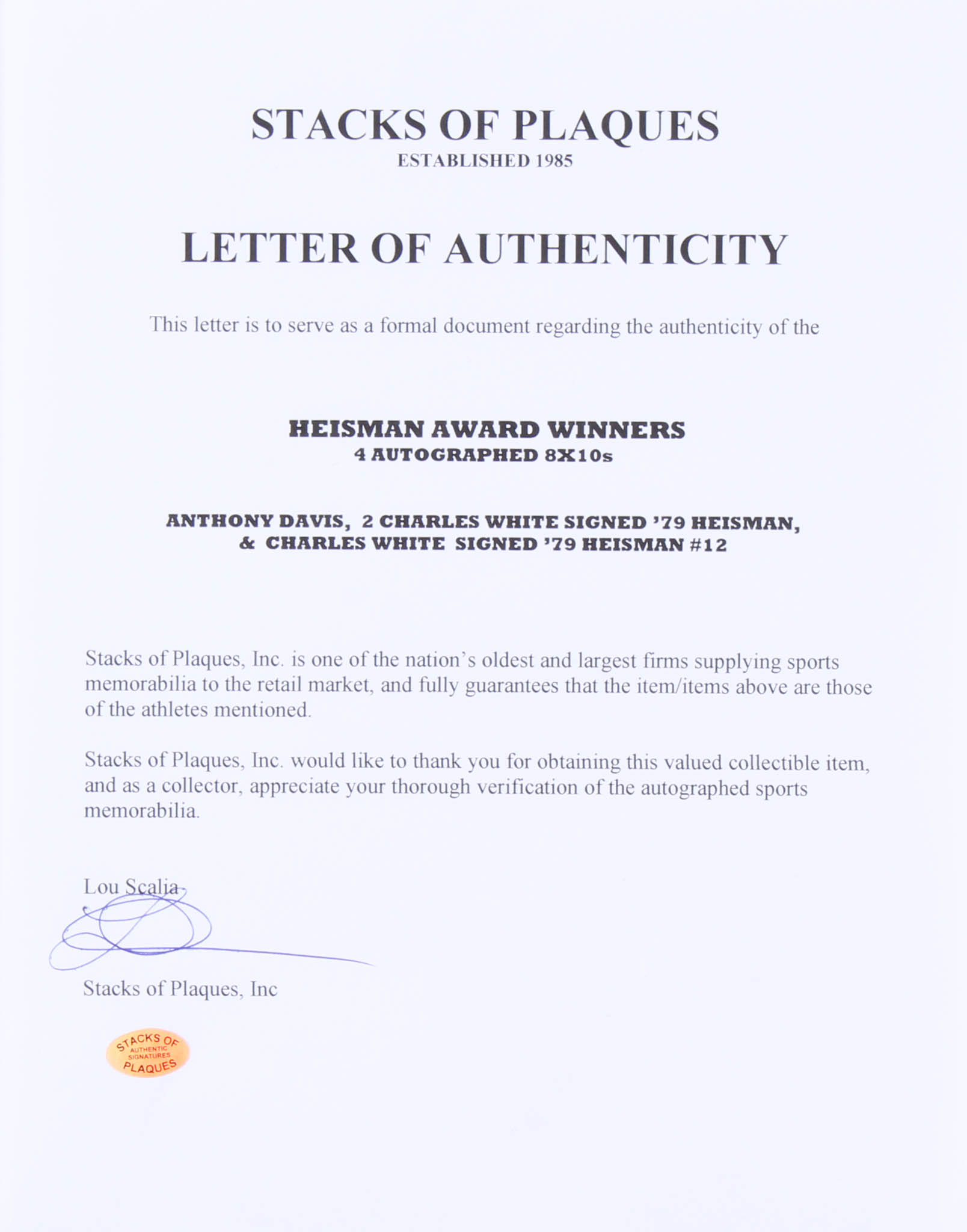 Lot of (4) Heisman Trophy Winners Signed 8x10 Photos with (1) Anthony Davis & (3) Charles White with (3) Heisman Inscriptions (SOP LOA) at PristineAuction.com Lot of (4) Heisman Trophy Winners Signed 8x10 Photos with (1) Anthony Davis & (3) Charles White with (3) Heisman Inscriptions (SOP LOA) at PristineAuction.com