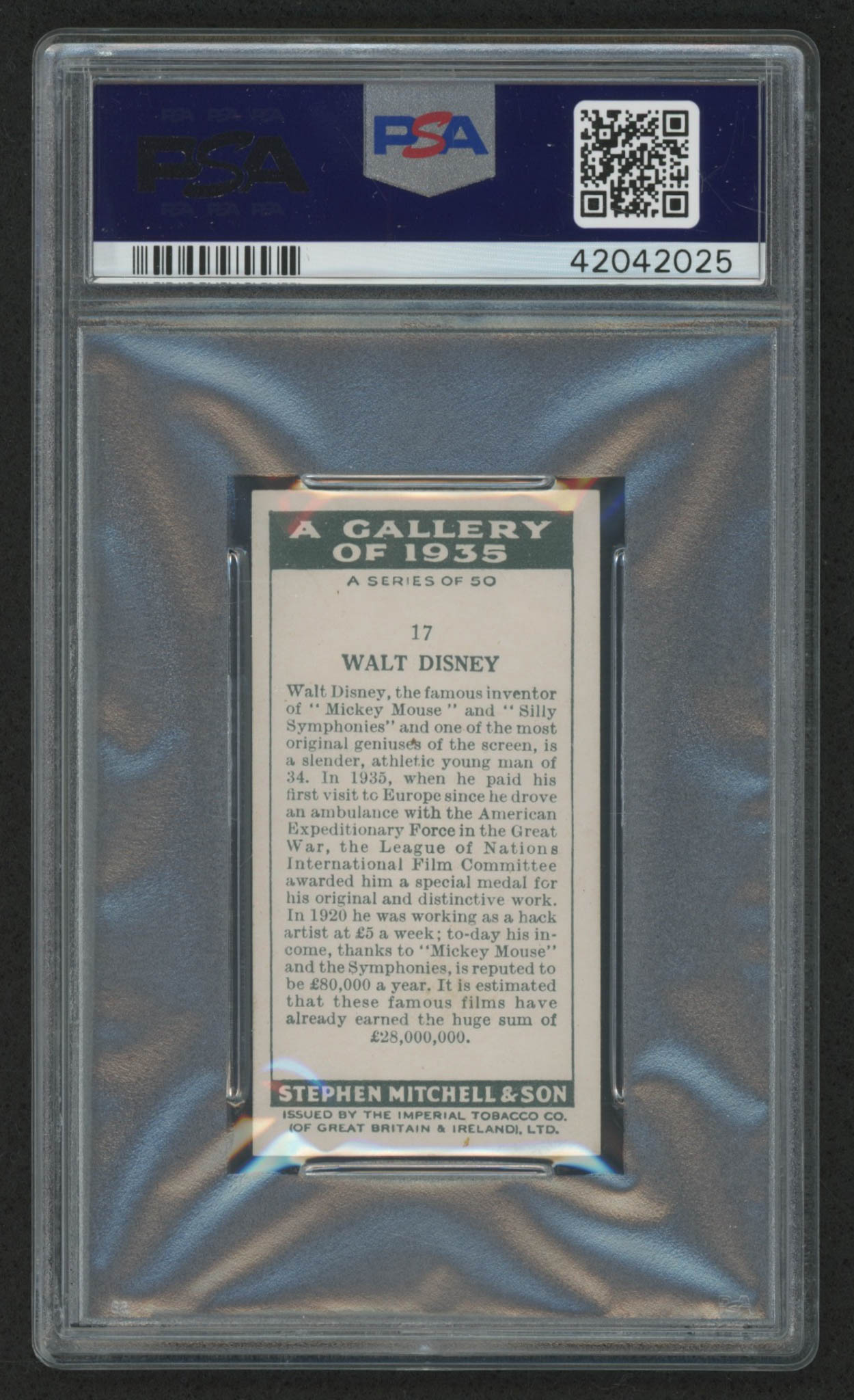1936 Mitchell's "Gallery of 1935" #17 Walt Disney (PSA 7) at PristineAuction.com 1936 Mitchell's "Gallery of 1935" #17 Walt Disney (PSA 7) at PristineAuction.com
