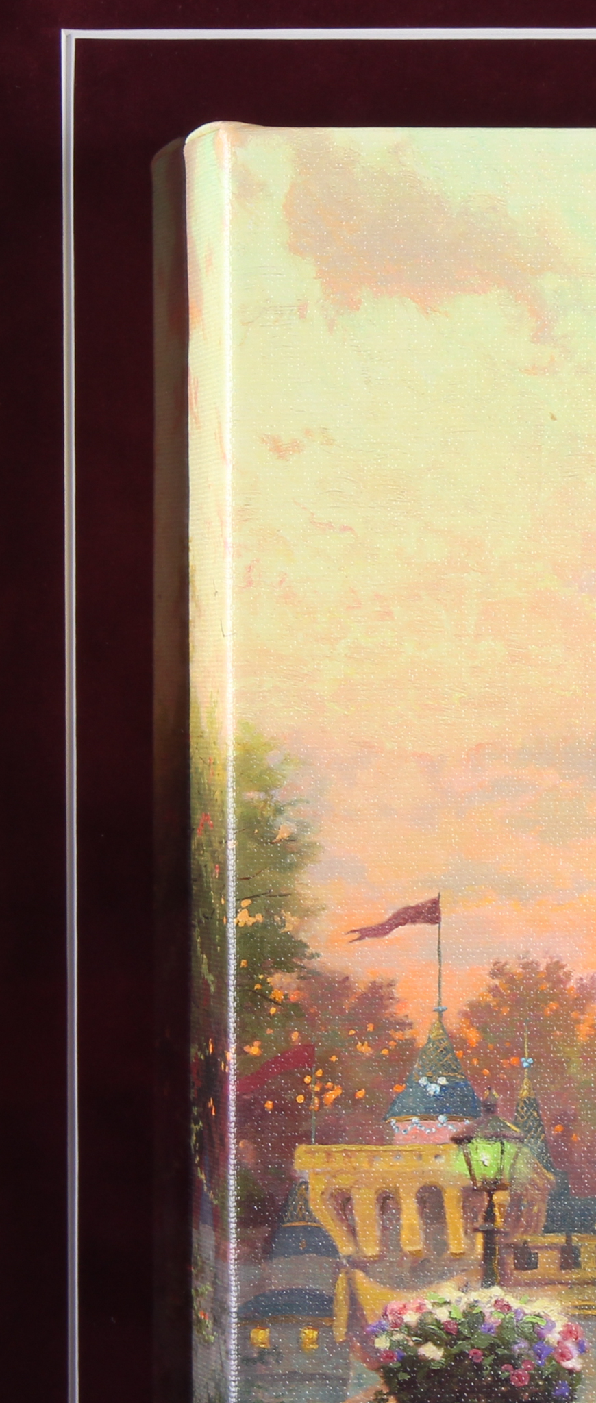 Thomas Kinkade 50th Anniversary "Disneyland" 20x22 Custom Framed Canvas on Wood Display with Full Vintage Ticket Book at PristineAuction.com Thomas Kinkade 50th Anniversary "Disneyland" 20x22 Custom Framed Canvas on Wood Display with Full Vintage Ticket Book at PristineAuction.com