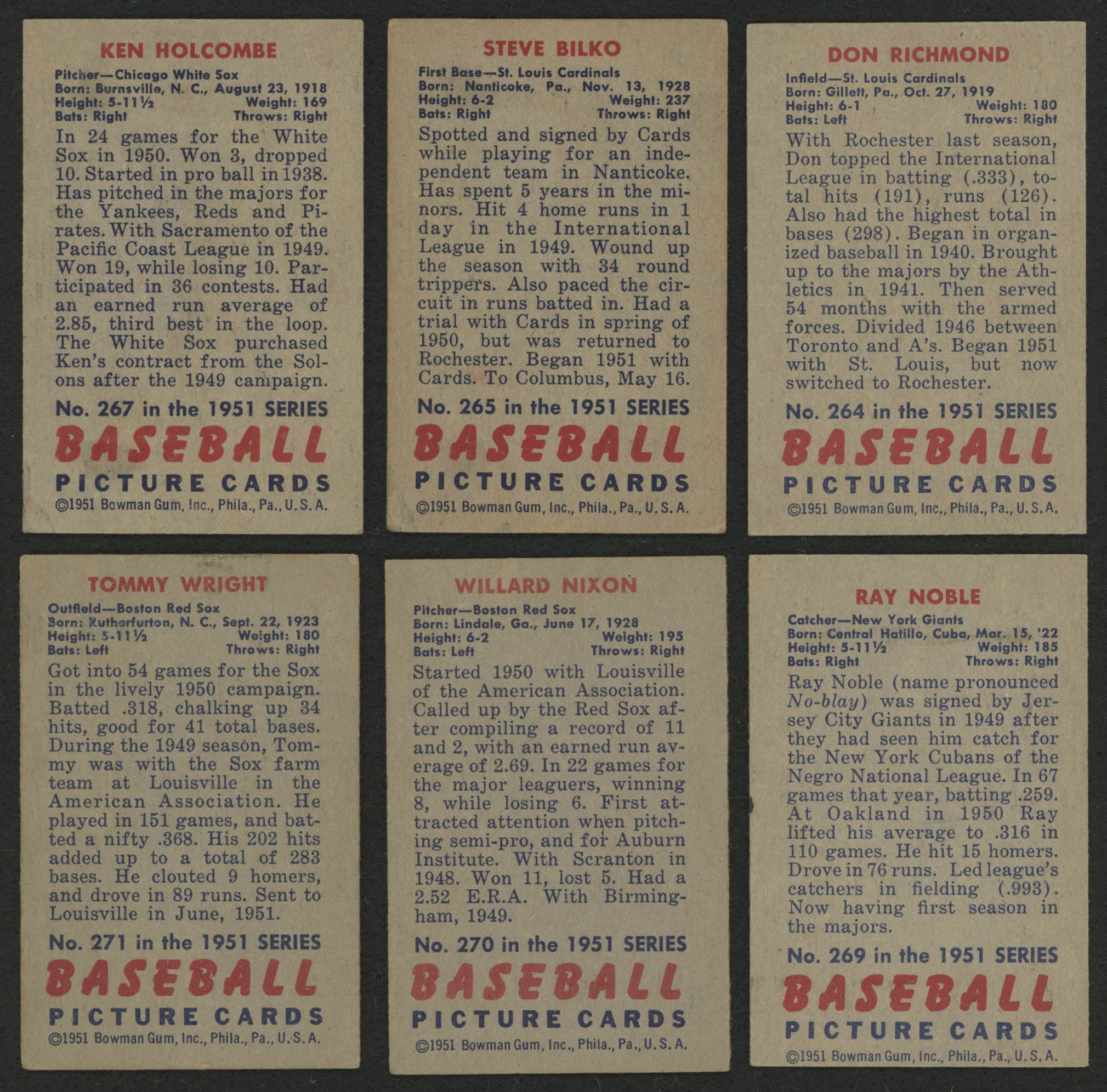 Lot of (6) 1951 Bowman Baseball Cards with #267 Ken Holcombe RC, #264 Don Richmond RC, #265 Steve Bilko RC, #271 Tommy Wright RC, #269 Ray Noble RC & #270 Willard Nixon RC at PristineAuction.com Lot of (6) 1951 Bowman Baseball Cards with #267 Ken Holcombe RC, #264 Don Richmond RC, #265 Steve Bilko RC, #271 Tommy Wright RC, #269 Ray Noble RC & #270 Willard Nixon RC at PristineAuction.com