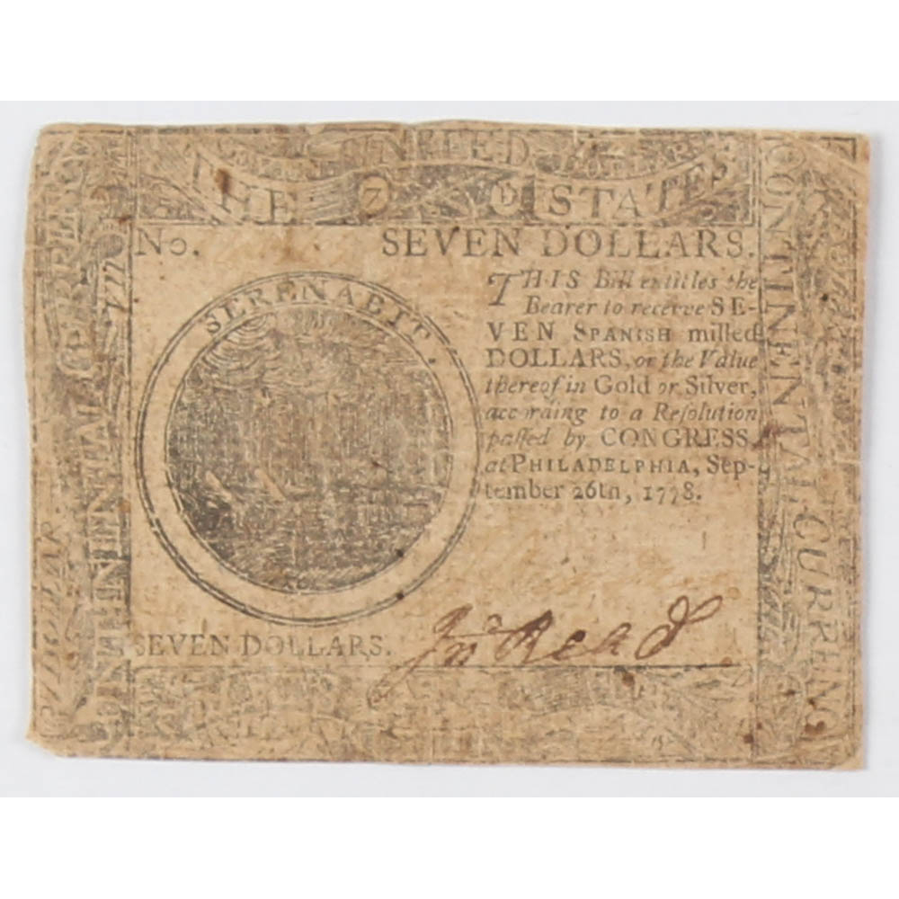 1778 $7 Seven Dollars Continental Colonial Currency Note | Pristine Auction
