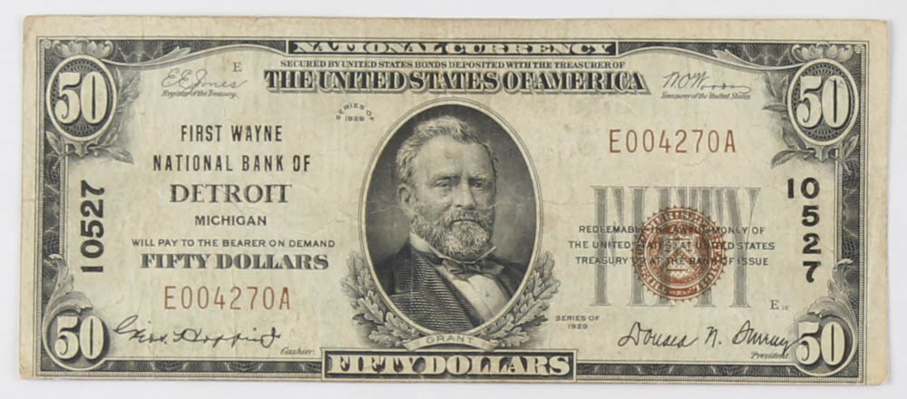 1929 $50 Fifty Dollars U.S. National Currency Bank Note with Brown Seal (First Wayne National Bank of Detroit, Michigan) at PristineAuction.com 1929 $50 Fifty Dollars U.S. National Currency Bank Note with Brown Seal (First Wayne National Bank of Detroit, Michigan) at PristineAuction.com
