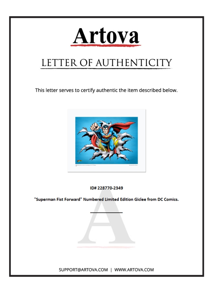 "Superman Fist Forward" LE 16x20 Giclee on Paper by DC Comics (Artova) at PristineAuction.com "Superman Fist Forward" LE 16x20 Giclee on Paper by DC Comics (Artova) at PristineAuction.com