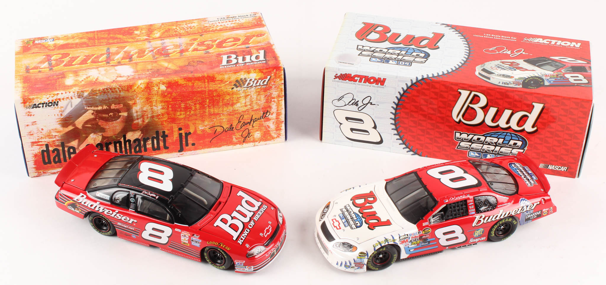 Lot of (2) Dale Earnhardt Jr. LE 1:24 Scale Die Cast Cars with (1) #8 Budweiser / MLB World Series 2004 Monte Carlo & (1) #8 Budweiser 1999 Monte Carlo at PristineAuction.com Lot of (2) Dale Earnhardt Jr. LE 1:24 Scale Die Cast Cars with (1) #8 Budweiser / MLB World Series 2004 Monte Carlo & (1) #8 Budweiser 1999 Monte Carlo at PristineAuction.com