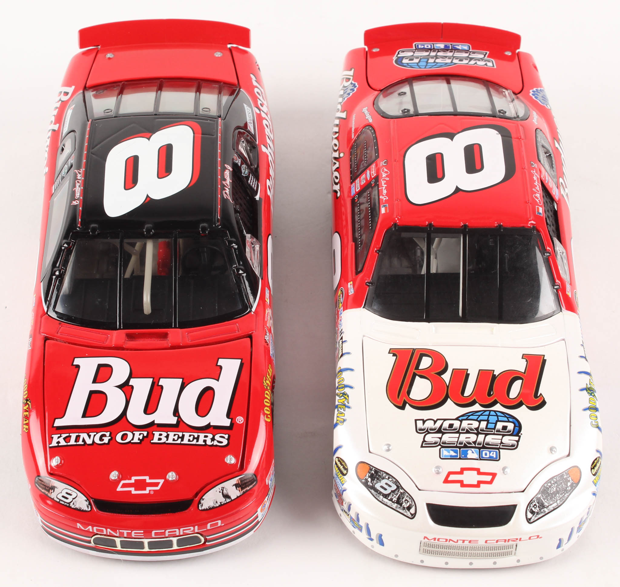 Lot of (2) Dale Earnhardt Jr. LE 1:24 Scale Die Cast Cars with (1) #8 Budweiser / MLB World Series 2004 Monte Carlo & (1) #8 Budweiser 1999 Monte Carlo at PristineAuction.com Lot of (2) Dale Earnhardt Jr. LE 1:24 Scale Die Cast Cars with (1) #8 Budweiser / MLB World Series 2004 Monte Carlo & (1) #8 Budweiser 1999 Monte Carlo at PristineAuction.com