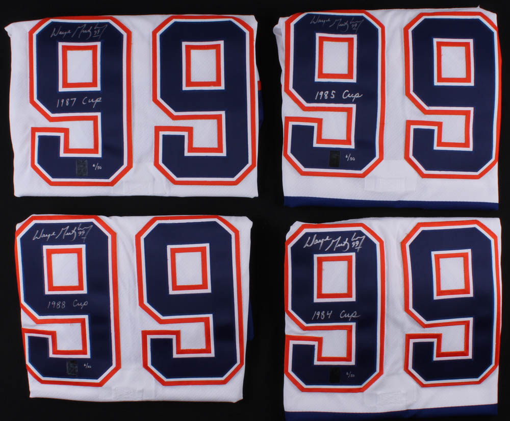Set of (4) Wayne Gretzky Signed LE Oilers CCM Jerseys with Cup Championship Inscriptions - One Inscribed from Each Championship #/50 (Gretzky COA) at PristineAuction.com Set of (4) Wayne Gretzky Signed LE Oilers CCM Jerseys with Cup Championship Inscriptions - One Inscribed from Each Championship #/50 (Gretzky COA) at PristineAuction.com