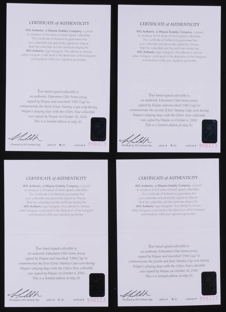 Set of (4) Wayne Gretzky Signed LE Oilers CCM Jerseys with Cup Championship Inscriptions - One Inscribed from Each Championship #/50 (Gretzky COA) at PristineAuction.com Set of (4) Wayne Gretzky Signed LE Oilers CCM Jerseys with Cup Championship Inscriptions - One Inscribed from Each Championship #/50 (Gretzky COA) at PristineAuction.com