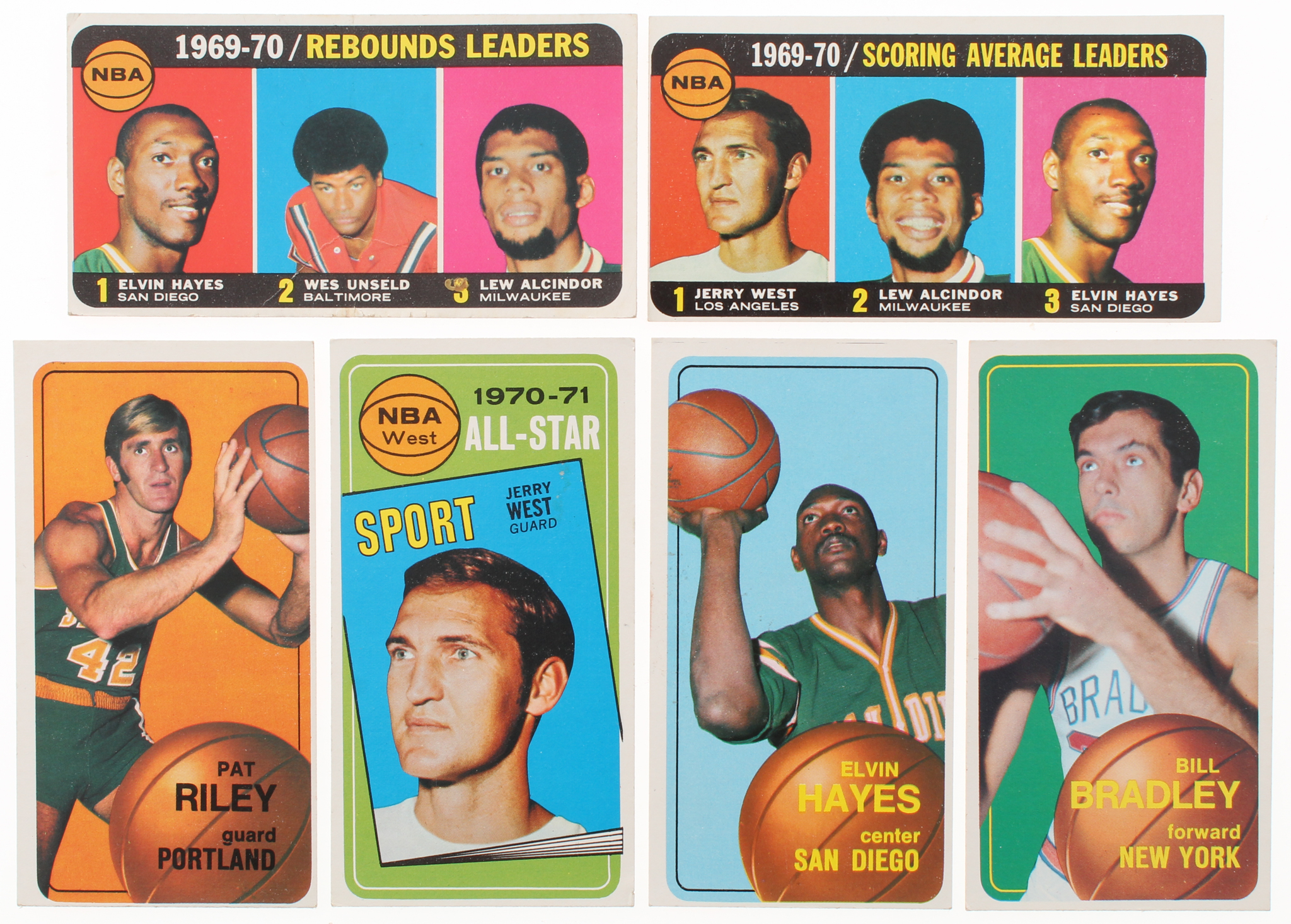 Lot of (6) 1970-71 Topps Basketball Cards with #2 Jerry West / Lew Alcindor / Elvin Hayes, #13 Pat Riley RC, #107 Jerry West All-Star, #70 Elvin Hayes at PristineAuction.com Lot of (6) 1970-71 Topps Basketball Cards with #2 Jerry West / Lew Alcindor / Elvin Hayes, #13 Pat Riley RC, #107 Jerry West All-Star, #70 Elvin Hayes at PristineAuction.com