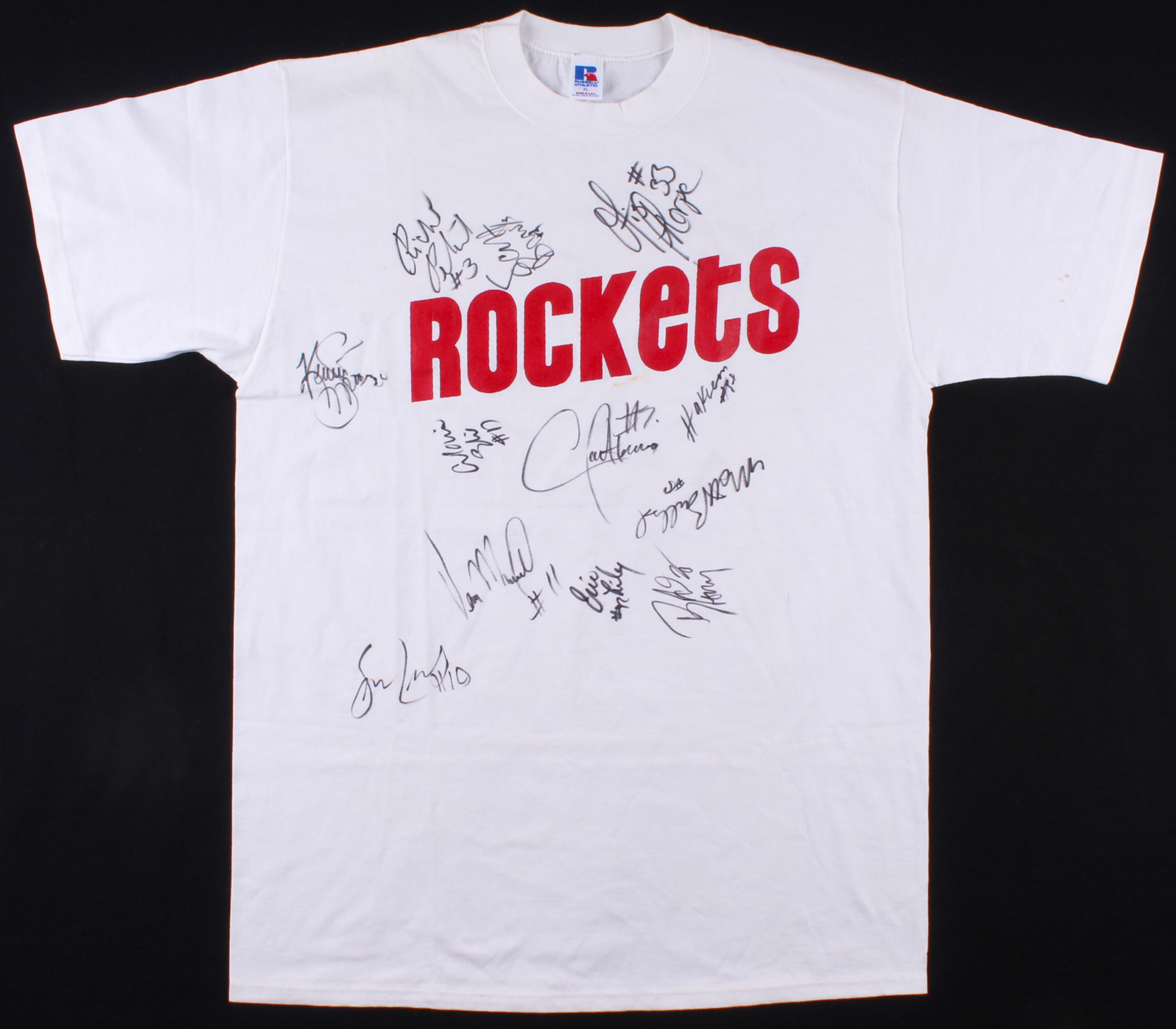 1993 Houston Rockets T-Shirt Team-Signed by (12) with Hakeem Olajuwon, Robert Horry, Sam Cassell, Vernon Maxwell, Kenny Smith, Otis Thorpe (JSA ALOA) at PristineAuction.com 1993 Houston Rockets T-Shirt Team-Signed by (12) with Hakeem Olajuwon, Robert Horry, Sam Cassell, Vernon Maxwell, Kenny Smith, Otis Thorpe (JSA ALOA) at PristineAuction.com