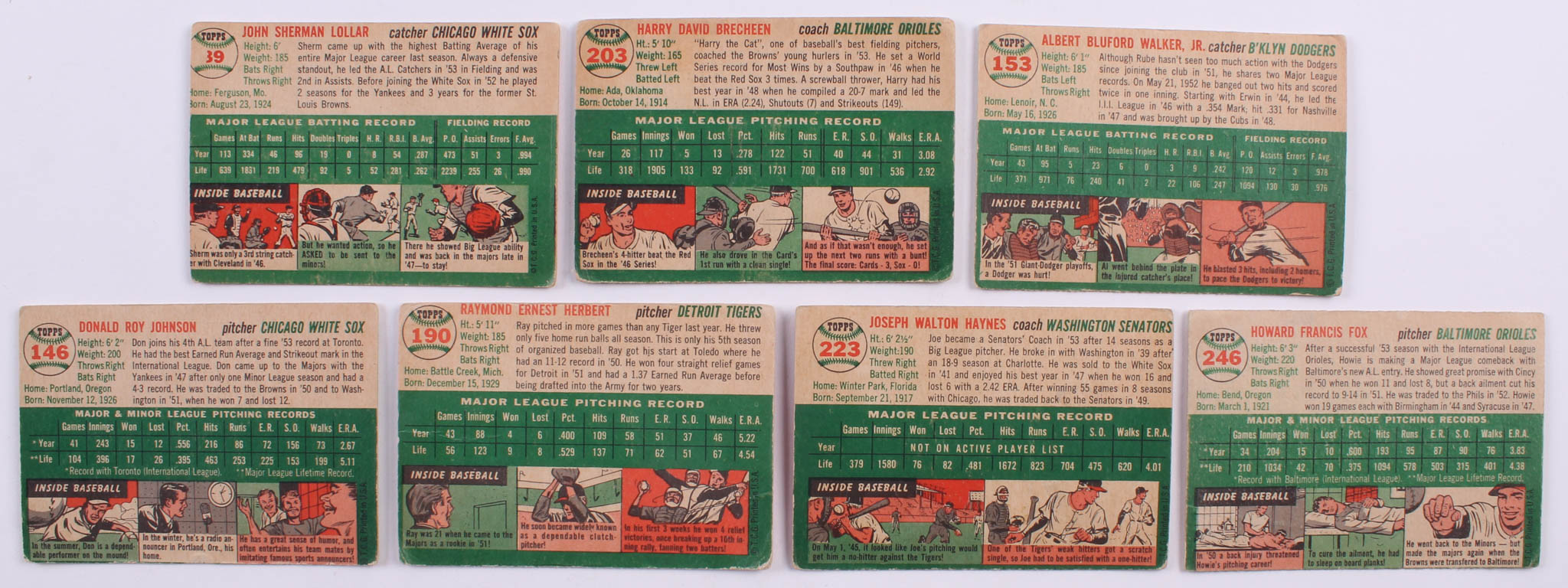 Lot of (7) 1954 Topps Baseball Cards with #39 Sherm Lollar, #203 Harry Brecheen, #153 Al Walker, #246 Howie Fox, #190 Ray Herbert RC at PristineAuction.com Lot of (7) 1954 Topps Baseball Cards with #39 Sherm Lollar, #203 Harry Brecheen, #153 Al Walker, #246 Howie Fox, #190 Ray Herbert RC at PristineAuction.com