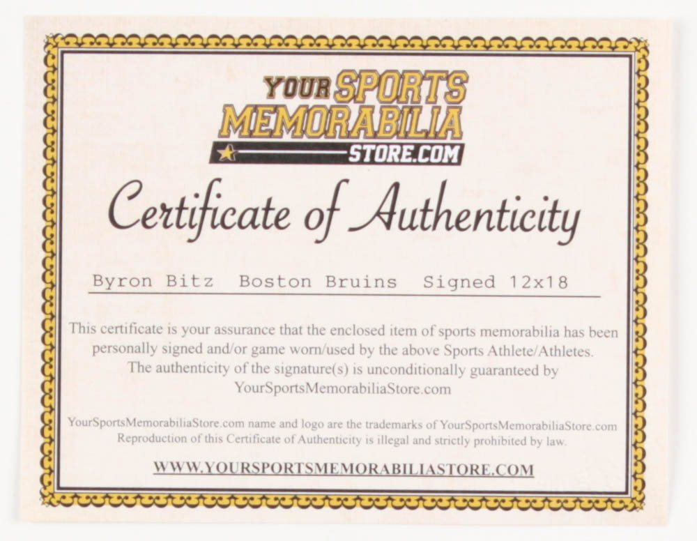 Byron Bitz Signed Boston Bruins 12x18 Photo (Your Sports Memorabilia Store COA) at PristineAuction.com Byron Bitz Signed Boston Bruins 12x18 Photo (Your Sports Memorabilia Store COA) at PristineAuction.com