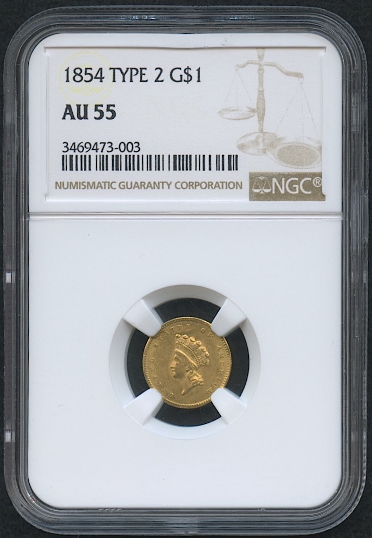 1854 $1 Indian Princess Gold Coin - Type 2 (NGC AU 55) at PristineAuction.com 1854 $1 Indian Princess Gold Coin - Type 2 (NGC AU 55) at PristineAuction.com