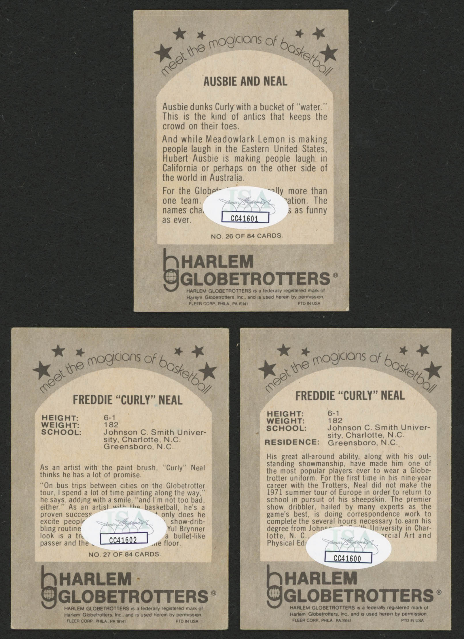 Lot of (3) Curly Neal Signed 1971-72 Globetrotters 84 Basketball Cards with #29, #26 with Geese Ausbie, #27 (JSA COA) at PristineAuction.com Lot of (3) Curly Neal Signed 1971-72 Globetrotters 84 Basketball Cards with #29, #26 with Geese Ausbie, #27 (JSA COA) at PristineAuction.com