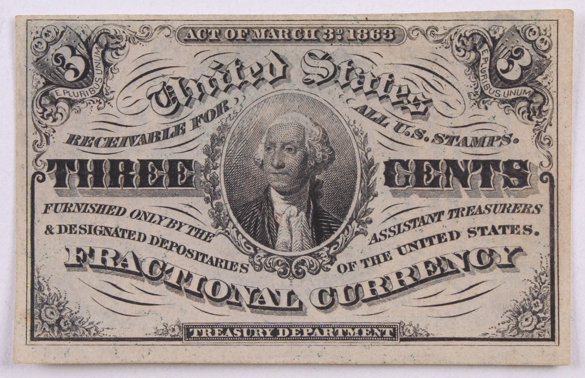 1863 Uncirculated United States 3¢ Three Cents Fractional Bank Note Bill (Third Issue) at PristineAuction.com 1863 Uncirculated United States 3¢ Three Cents Fractional Bank Note Bill (Third Issue) at PristineAuction.com