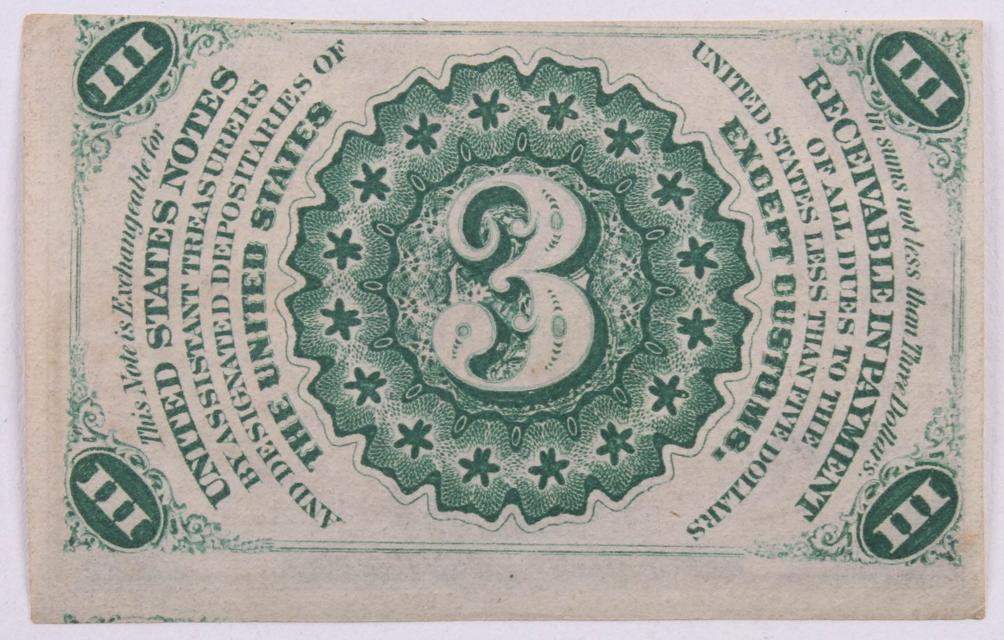 1863 Uncirculated United States 3¢ Three Cents Fractional Bank Note Bill (Third Issue) at PristineAuction.com 1863 Uncirculated United States 3¢ Three Cents Fractional Bank Note Bill (Third Issue) at PristineAuction.com