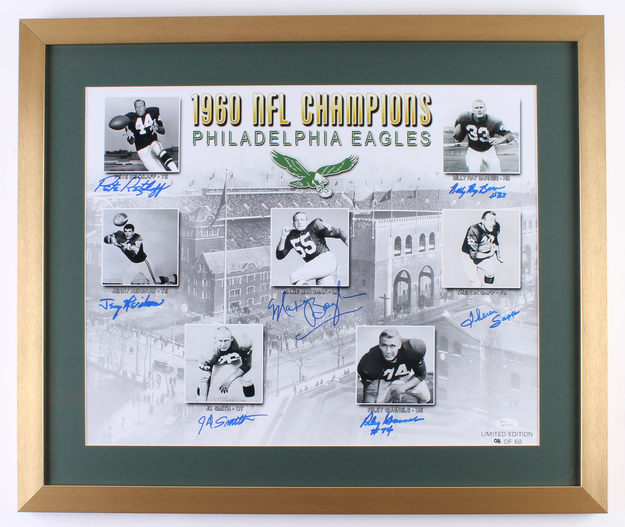 "1960 NFL Champions: Philadelphia Eagles" 21.5x25.5 LE Custom Framed Photo Display Signed by (7) with J. D. Smith, Maxie Baughan, Billy Ray Barnes (JSA COA) at PristineAuction.com "1960 NFL Champions: Philadelphia Eagles" 21.5x25.5 LE Custom Framed Photo Display Signed by (7) with J. D. Smith, Maxie Baughan, Billy Ray Barnes (JSA COA) at PristineAuction.com