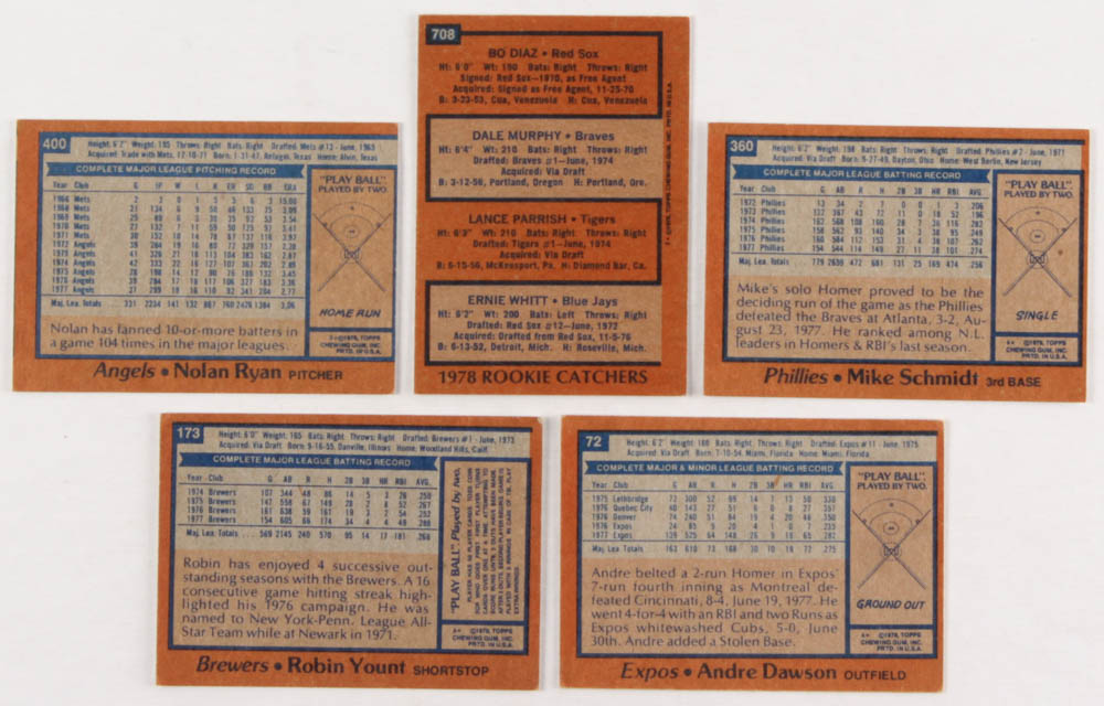 Lot of (5) 1978 Topps Baseball Cards with #72 Andre Dawson, #173 Robin Yount, #360 Mike Schmidt, #400 Nolan Ryan, #708 Rookie Catchers RC at PristineAuction.com Lot of (5) 1978 Topps Baseball Cards with #72 Andre Dawson, #173 Robin Yount, #360 Mike Schmidt, #400 Nolan Ryan, #708 Rookie Catchers RC at PristineAuction.com