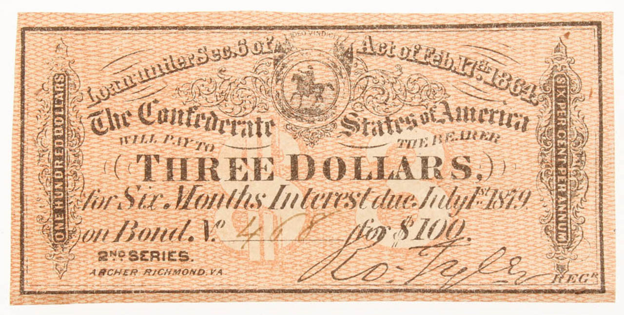 1864 $3 Three Dollar Confederate States of America Richmond CSA Bank Note Bond at PristineAuction.com 1864 $3 Three Dollar Confederate States of America Richmond CSA Bank Note Bond at PristineAuction.com