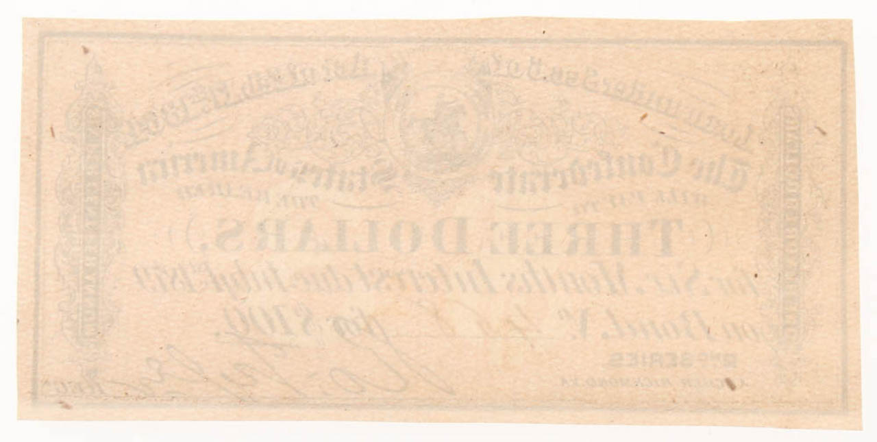 1864 $3 Three Dollar Confederate States of America Richmond CSA Bank Note Bond at PristineAuction.com 1864 $3 Three Dollar Confederate States of America Richmond CSA Bank Note Bond at PristineAuction.com