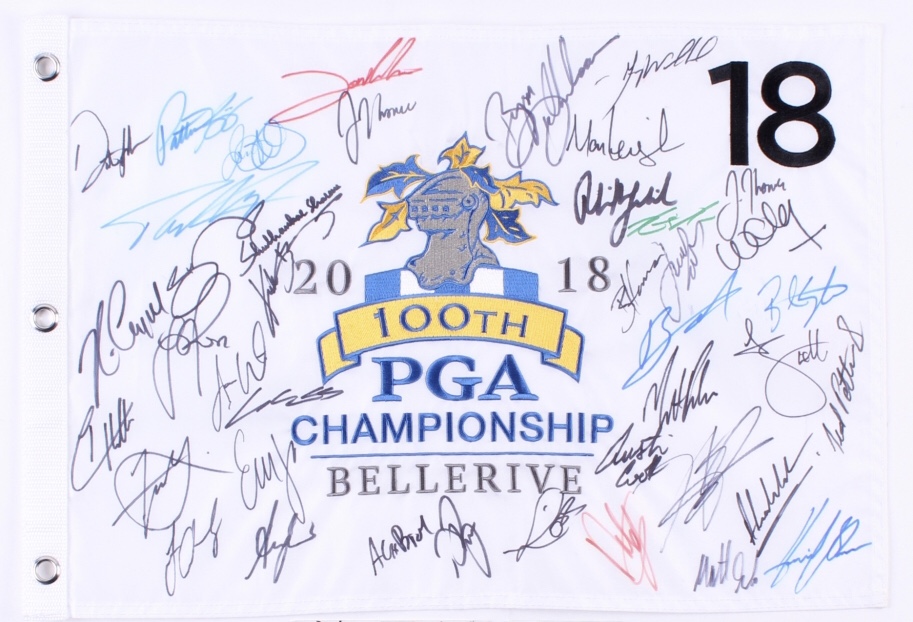 2018 100th PGA Championship Golf Pin Flag Signed by (41) With Phil Mickelson, Rory McIlroy, Dustin Johnson, Jordan Spieth (JSA ALOA) at PristineAuction.com 2018 100th PGA Championship Golf Pin Flag Signed by (41) With Phil Mickelson, Rory McIlroy, Dustin Johnson, Jordan Spieth (JSA ALOA) at PristineAuction.com