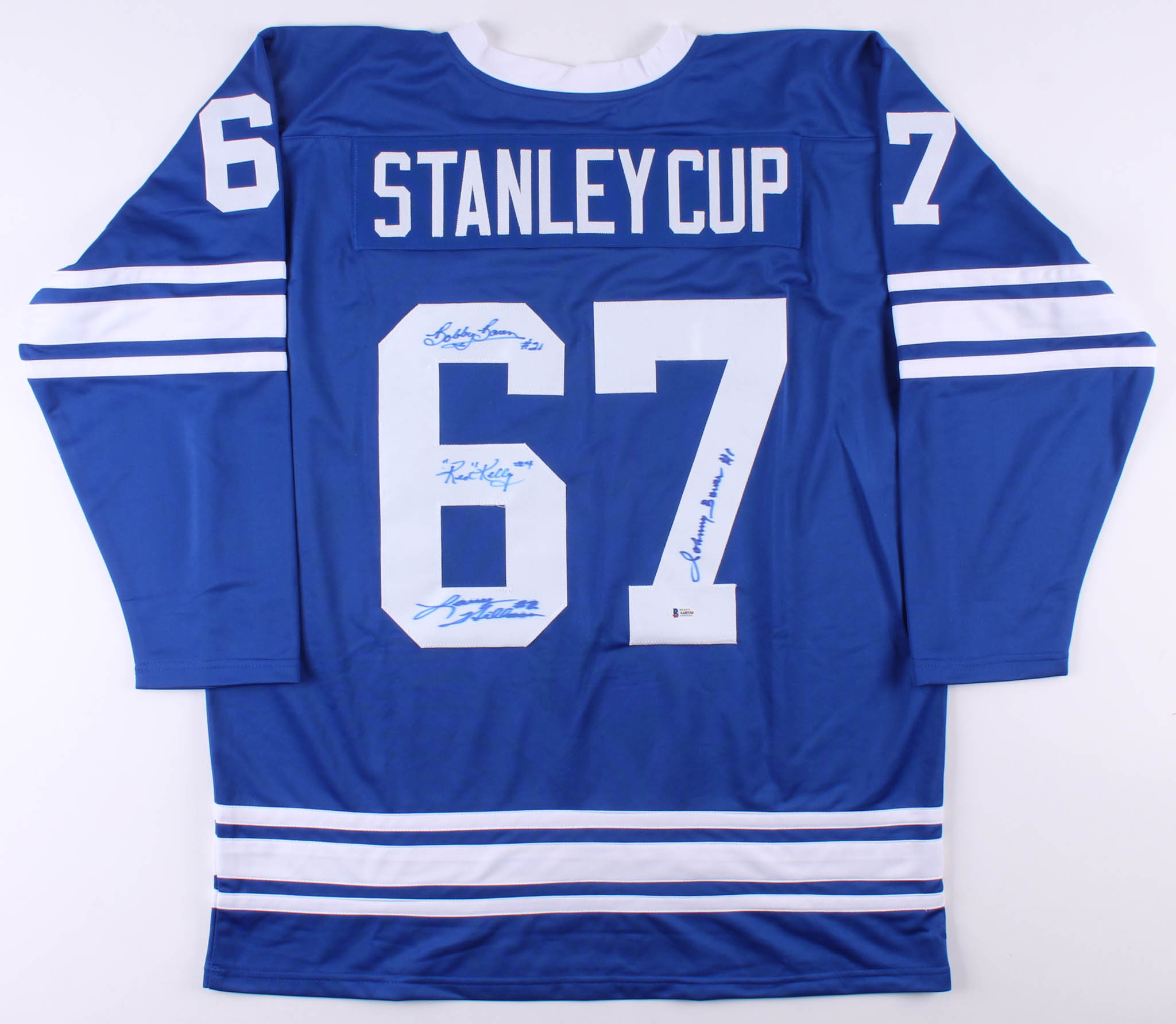 Toronto Maple Leafs "Stanley Cup" Jersey Team-Signed by (4) With Red Kelly, Johnny Bower, Larry Hillman & Bobby Baun (Beckett LOA) at PristineAuction.com Toronto Maple Leafs "Stanley Cup" Jersey Team-Signed by (4) With Red Kelly, Johnny Bower, Larry Hillman & Bobby Baun (Beckett LOA) at PristineAuction.com