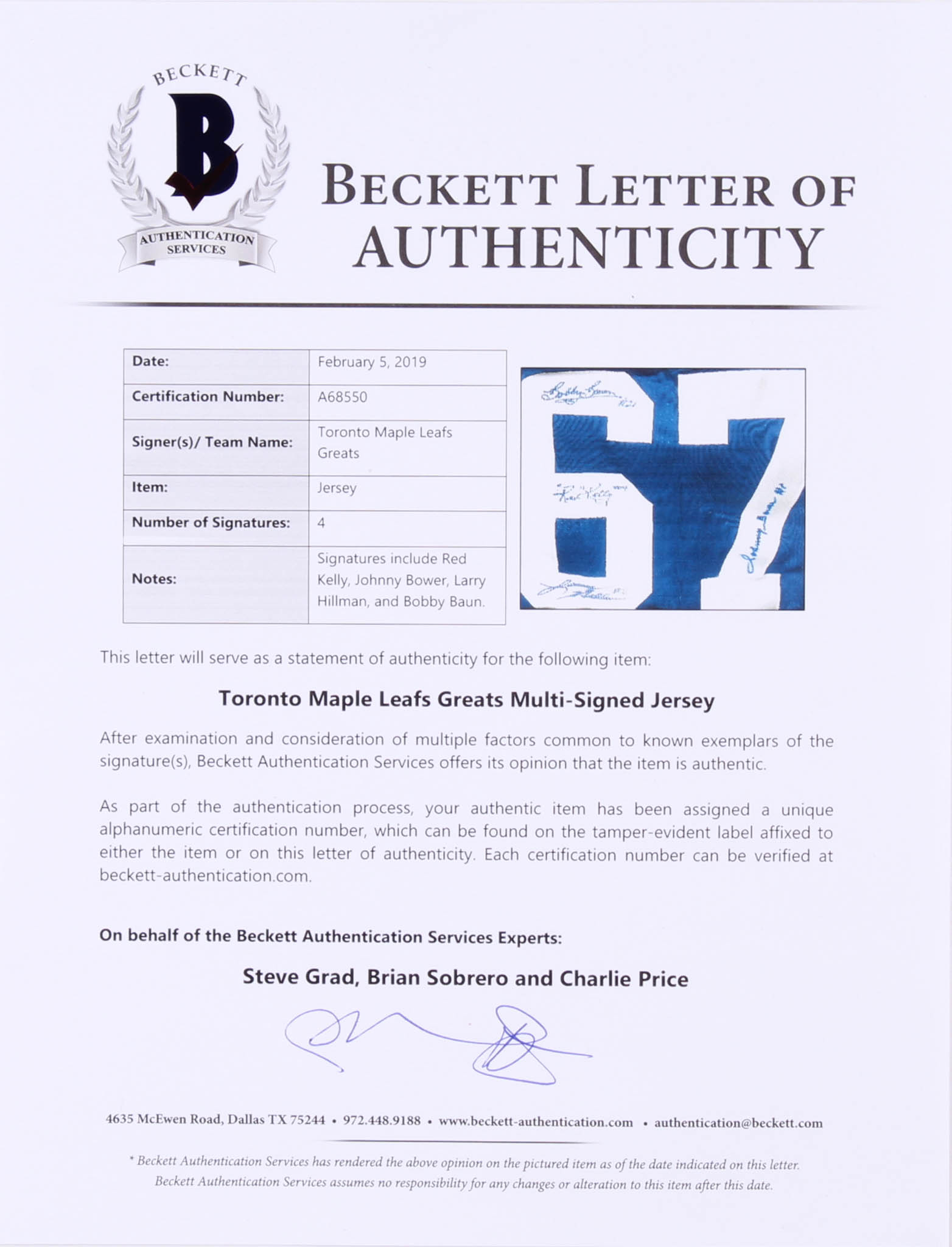 Toronto Maple Leafs "Stanley Cup" Jersey Team-Signed by (4) With Red Kelly, Johnny Bower, Larry Hillman & Bobby Baun (Beckett LOA) at PristineAuction.com Toronto Maple Leafs "Stanley Cup" Jersey Team-Signed by (4) With Red Kelly, Johnny Bower, Larry Hillman & Bobby Baun (Beckett LOA) at PristineAuction.com